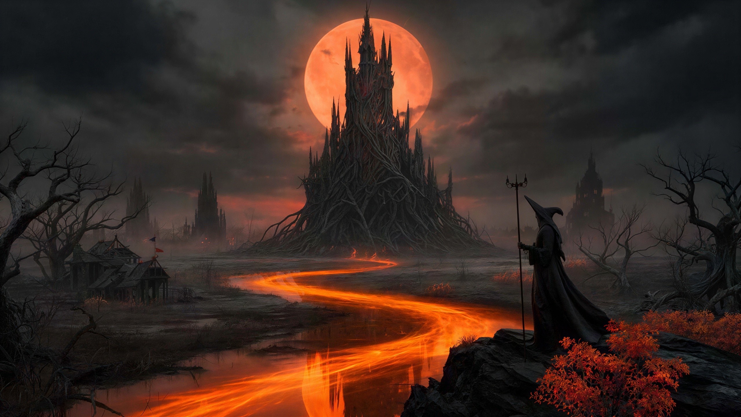 Ominous Castle Surrounded by Glowing Red Moonlight
