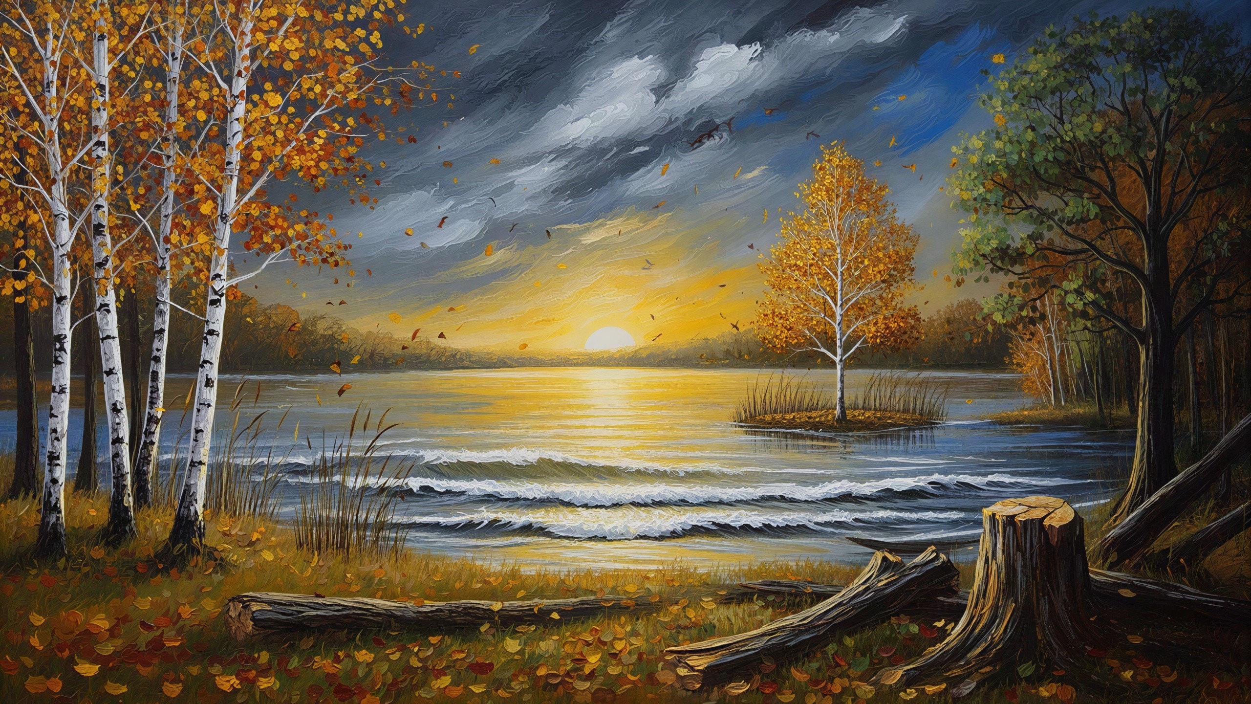 Vibrant Autumn Landscape with Lake and Sunset Reflection