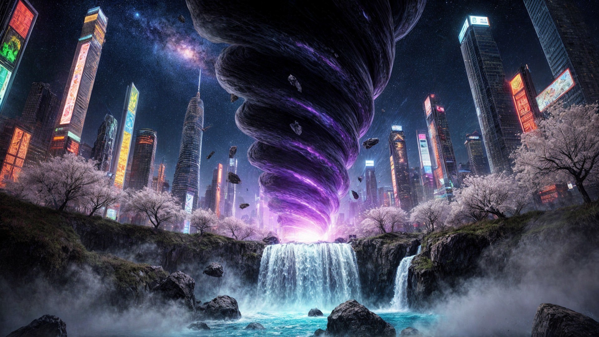 Surreal Landscape with Tornado and Futuristic City