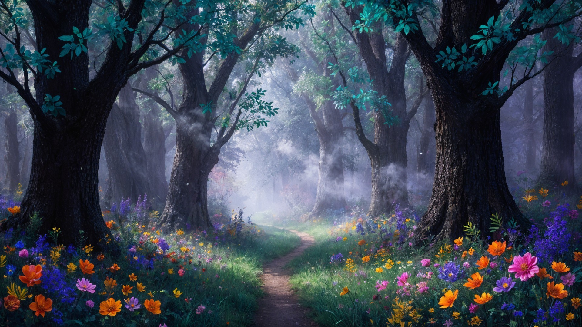 Serene forest scene with tall trees and wildflowers