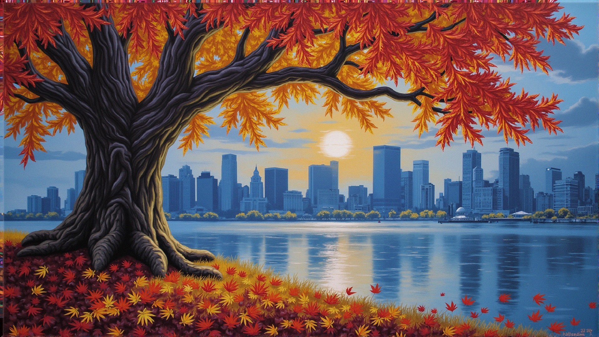 Autumn Scene with Colorful Leaves and City Skyline