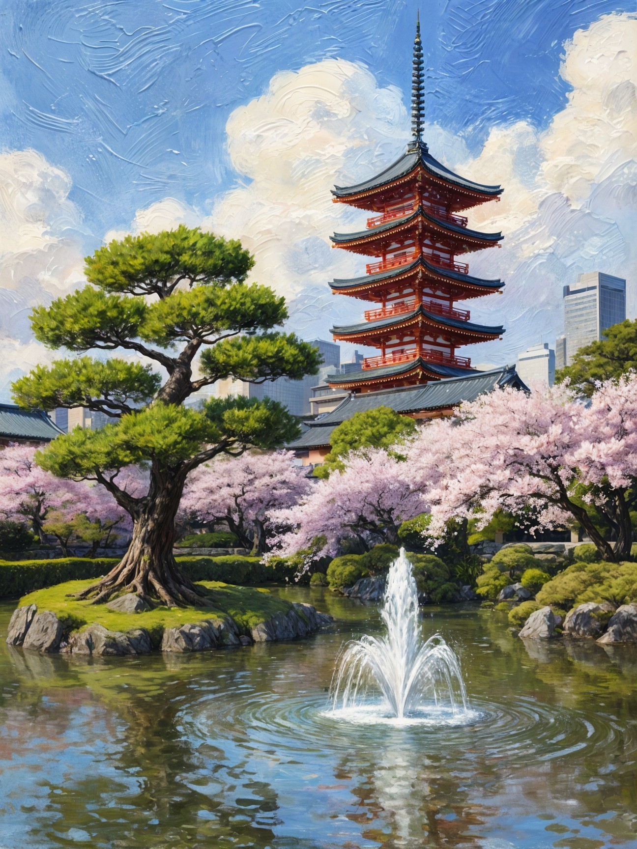Serene Landscape with Pagoda and Cherry Blossoms
