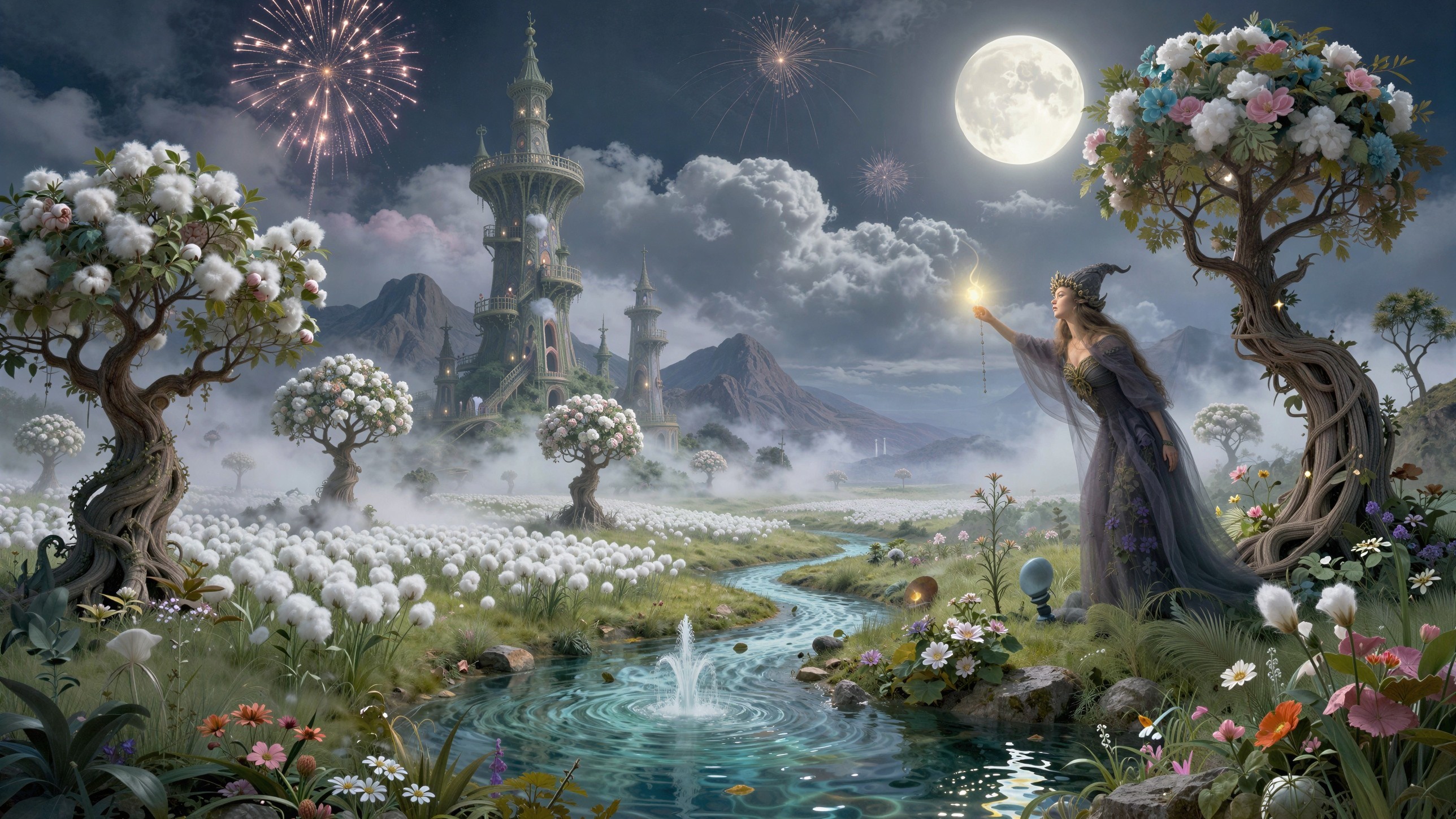 Magical Elven Kingdom Under Fireworks at Night