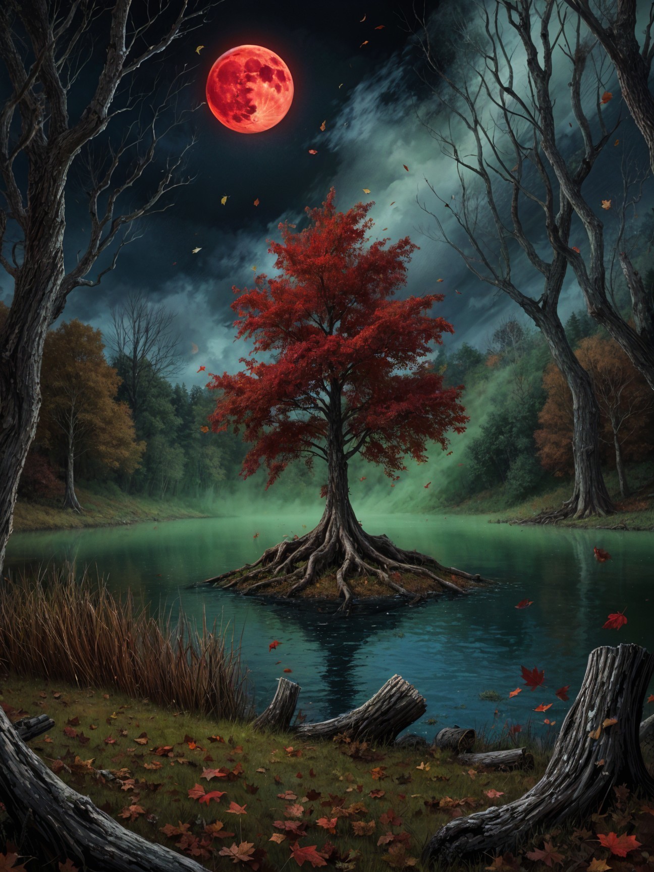 Red Maple Tree on Foggy Lake Under Blood Moon