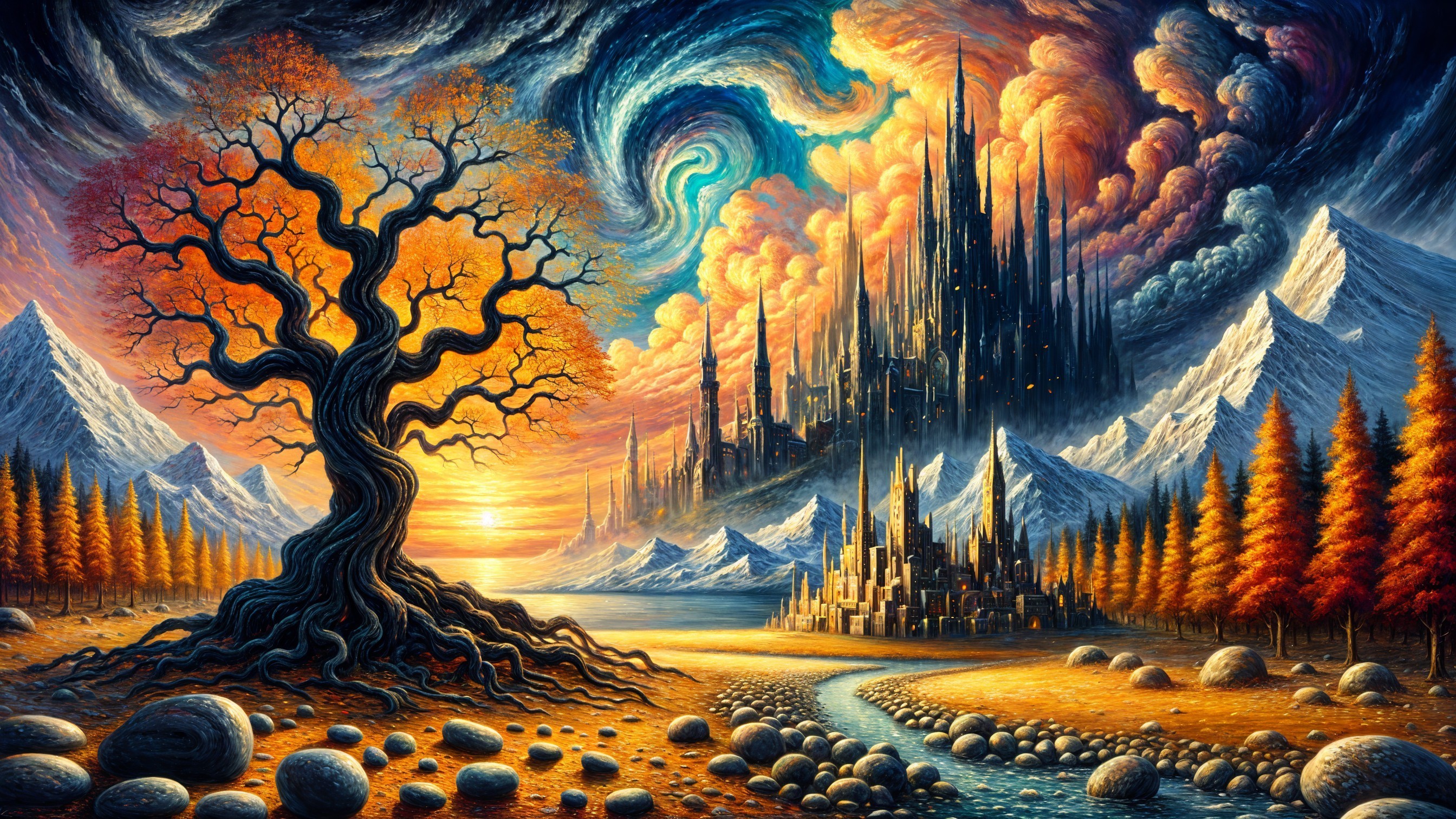 Surreal Landscape with Twisted Tree and Mountains