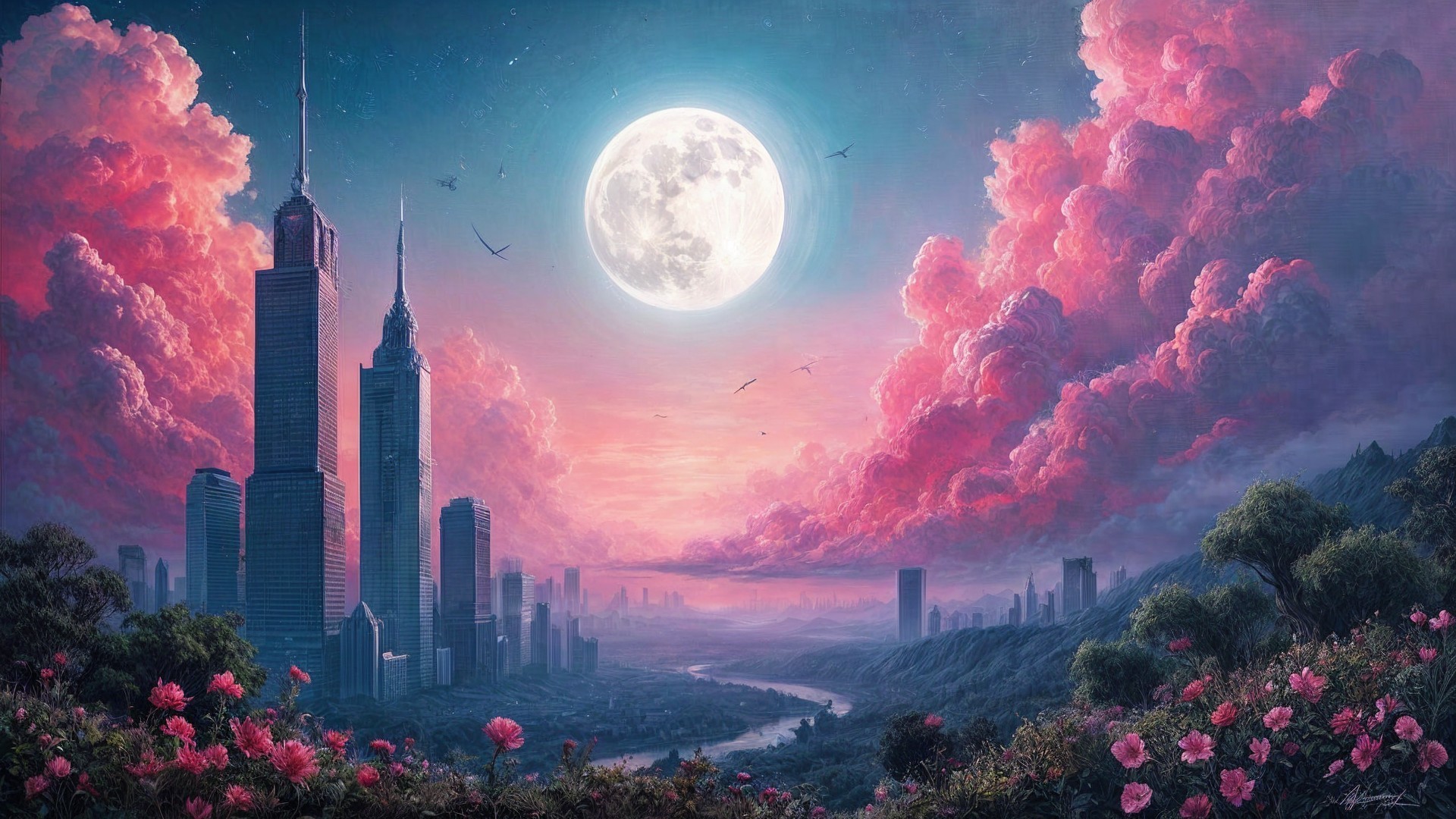 Cityscape at Dusk with Skyscrapers and River景