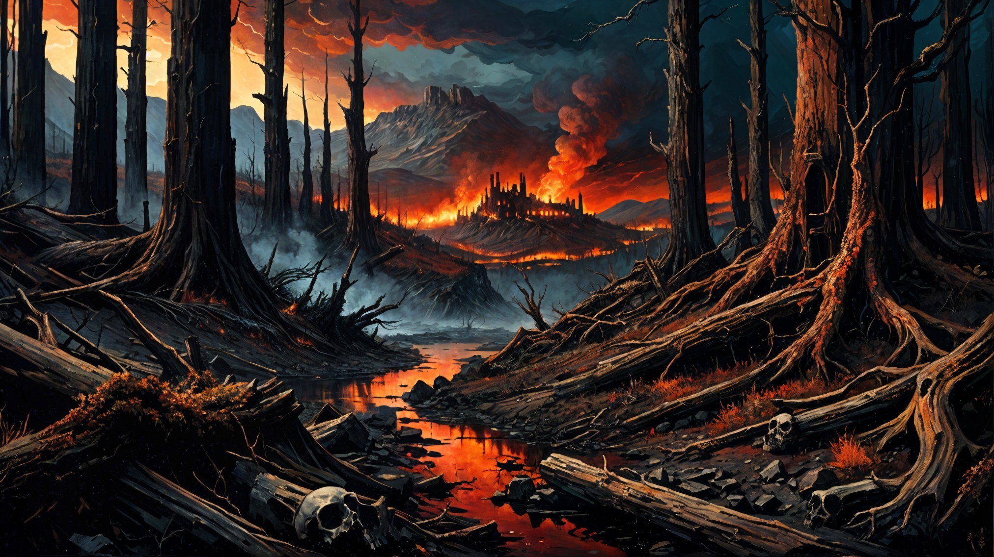 Post-Apocalyptic Landscape with Charred Trees and Ruins