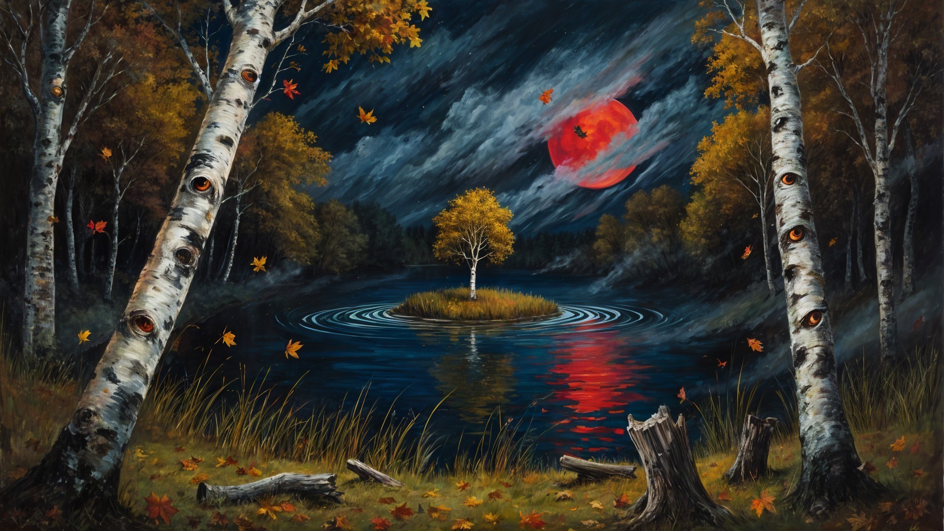 Tranquil Lake with Red Moon and Stormy Sky Landscape