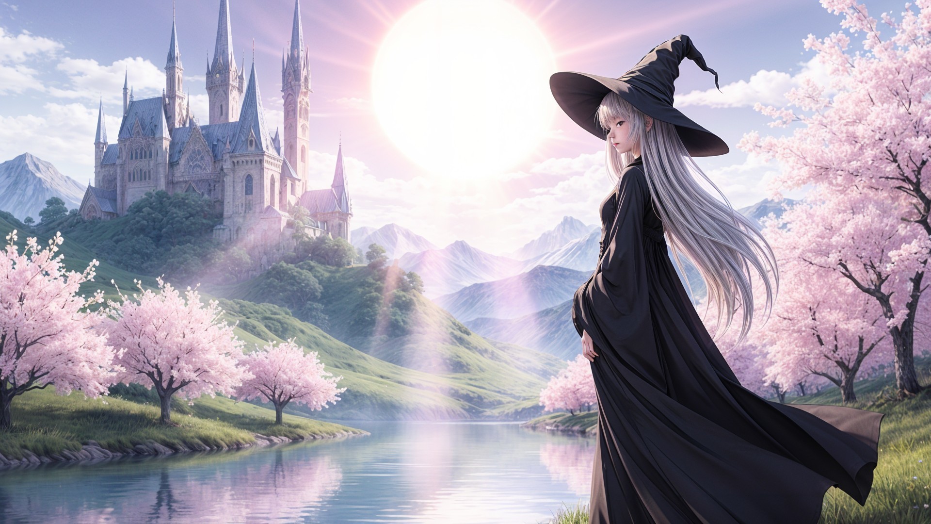 Mystical Landscape with Castle and Cherry Blossoms