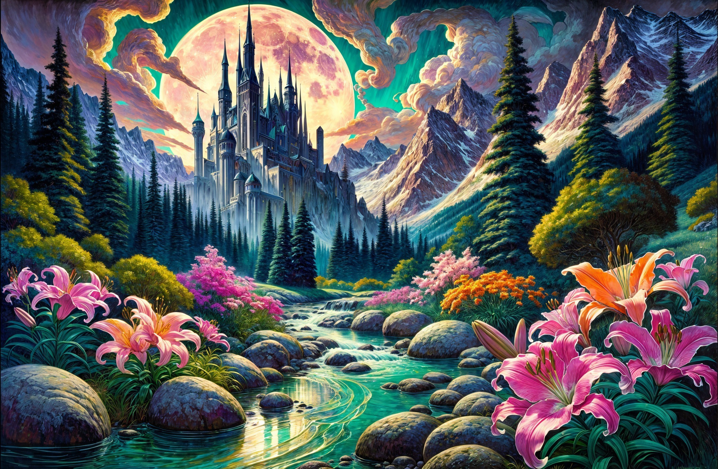 Grand castle in a magical mountain landscape at night