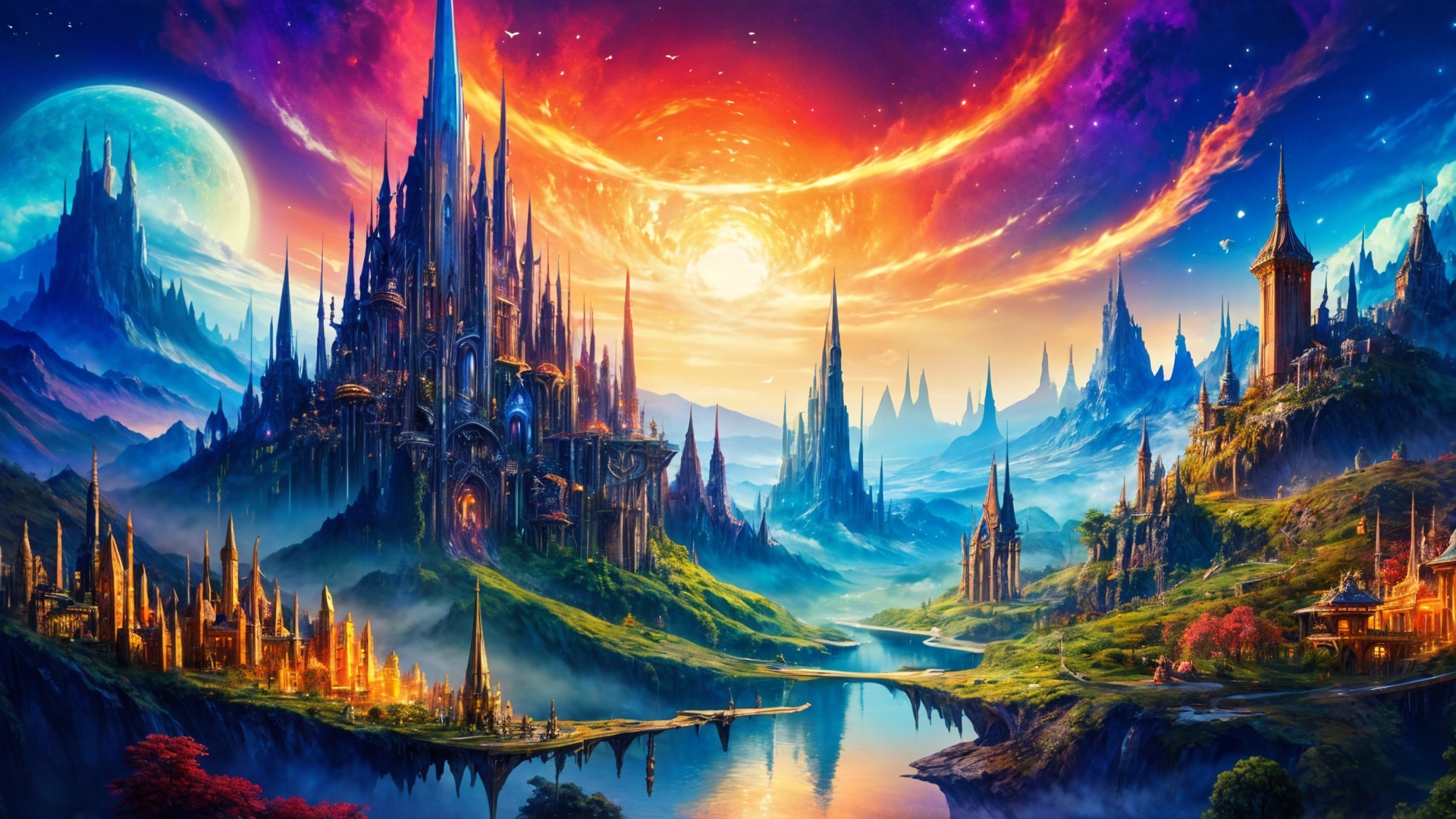 Ornate Castles in a Fantasy Landscape at Sunset
