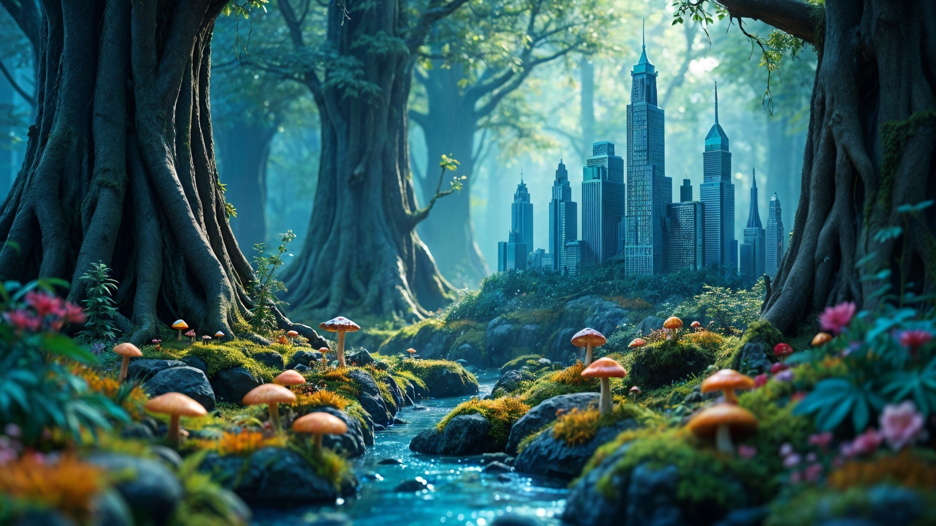 Whimsical Nature and Urban Life Scene with Miniature City