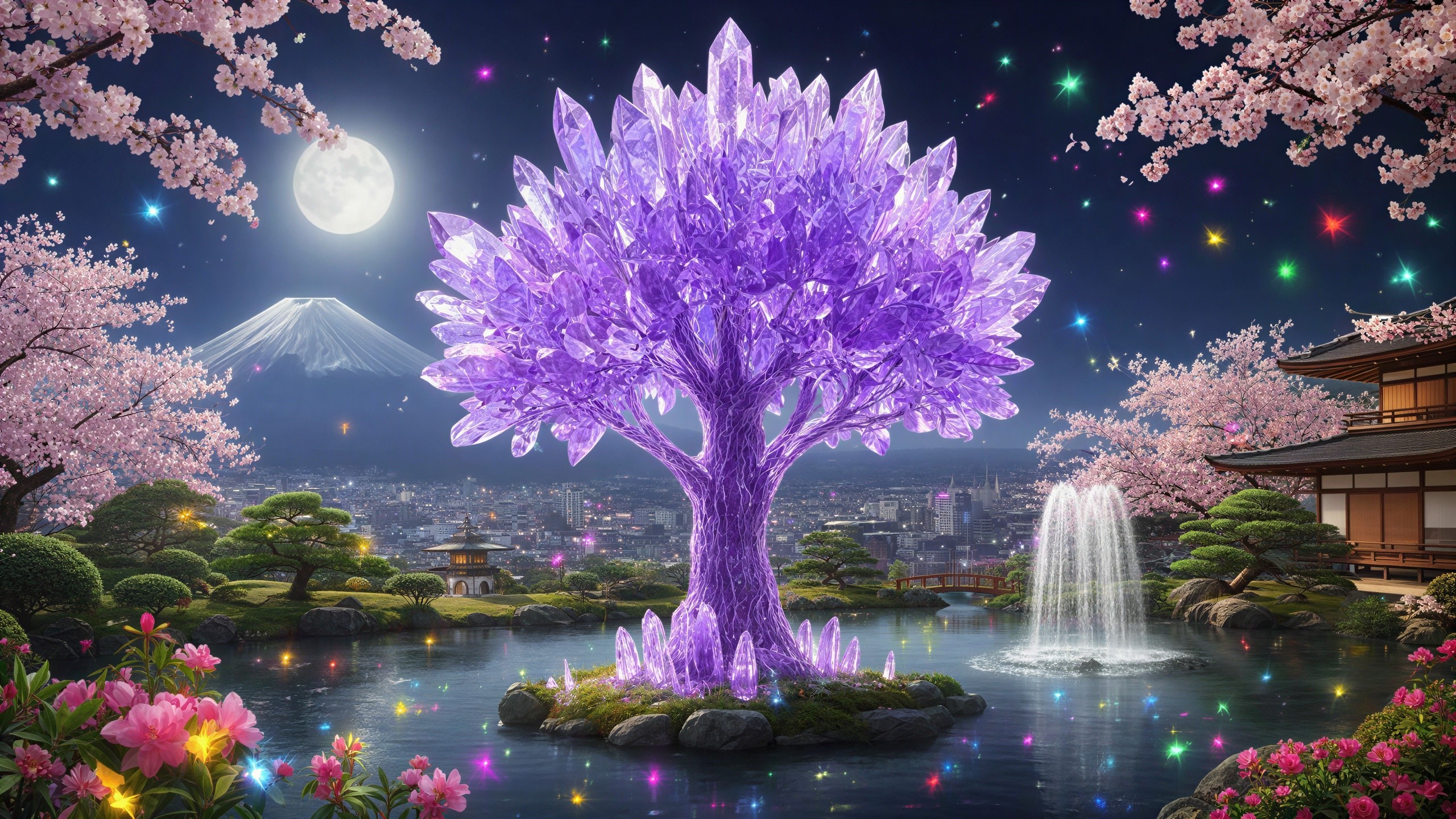 Glowing Crystalline Tree in Japanese Garden at Night