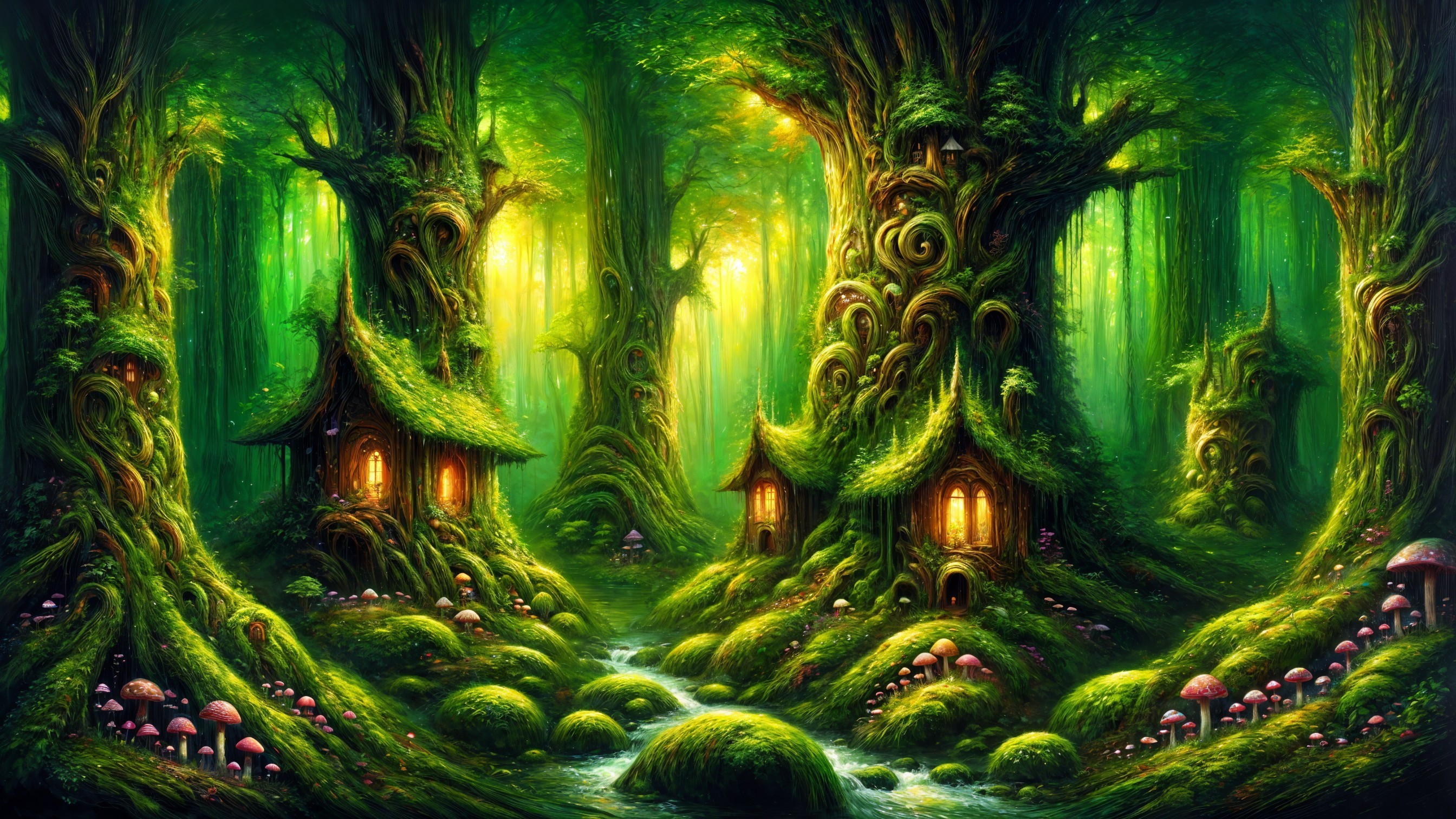 Magical forest with whimsical trees and cottages