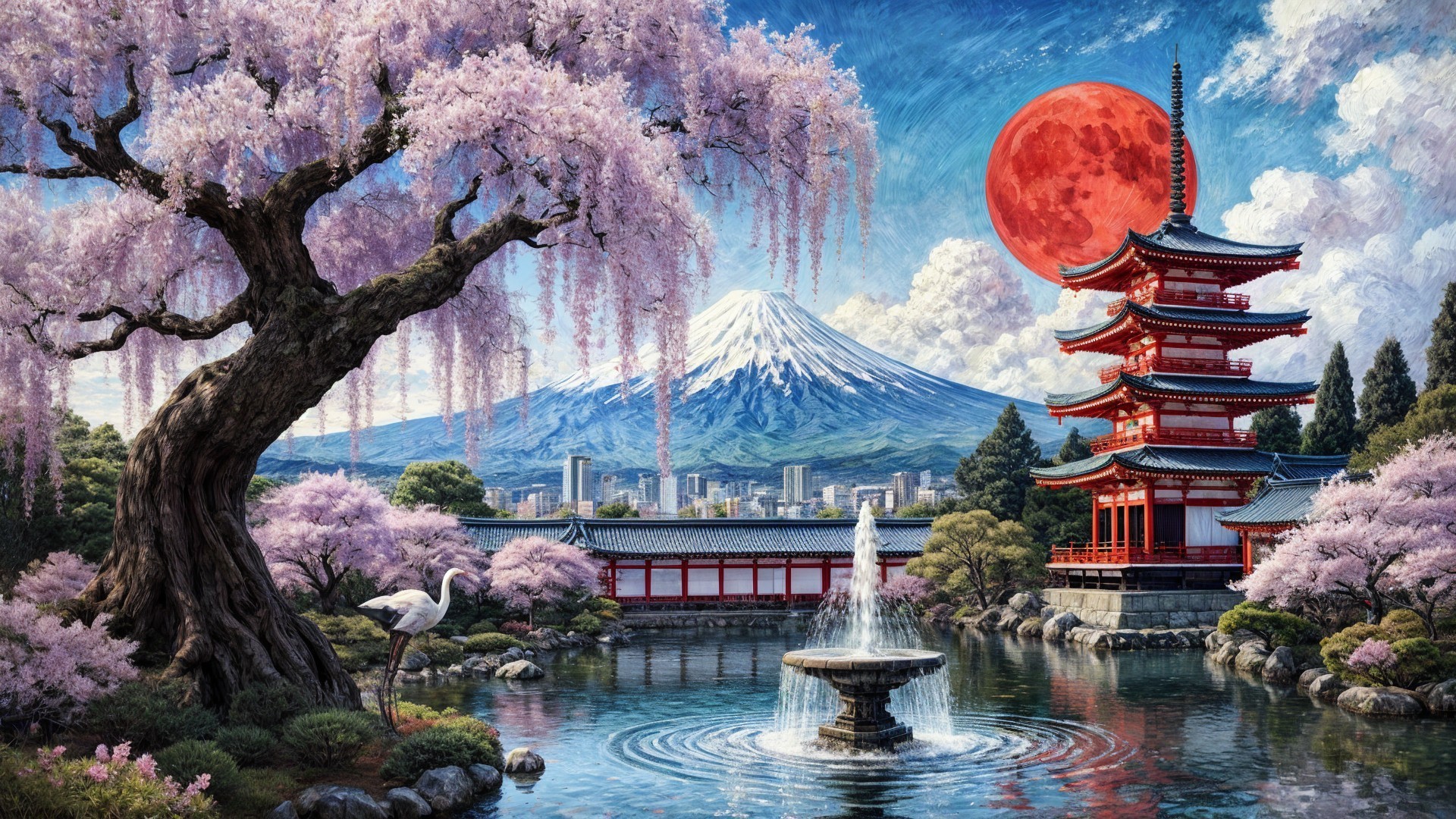 Traditional Japanese Landscape with Pagoda and Cherry Blossoms