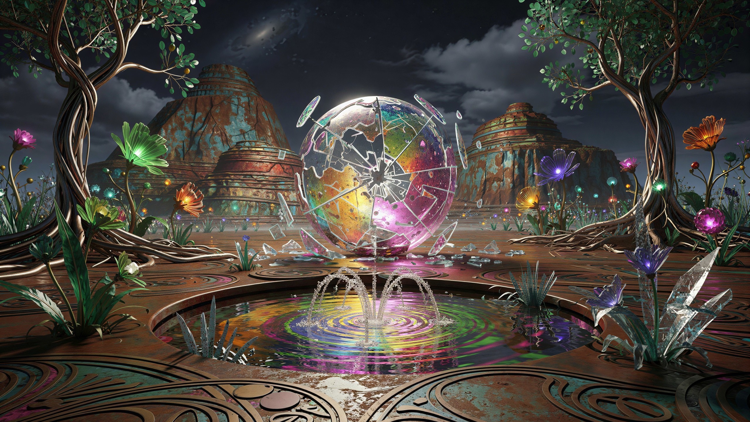 Fantastical Night Landscape with Colorful Glass Sphere