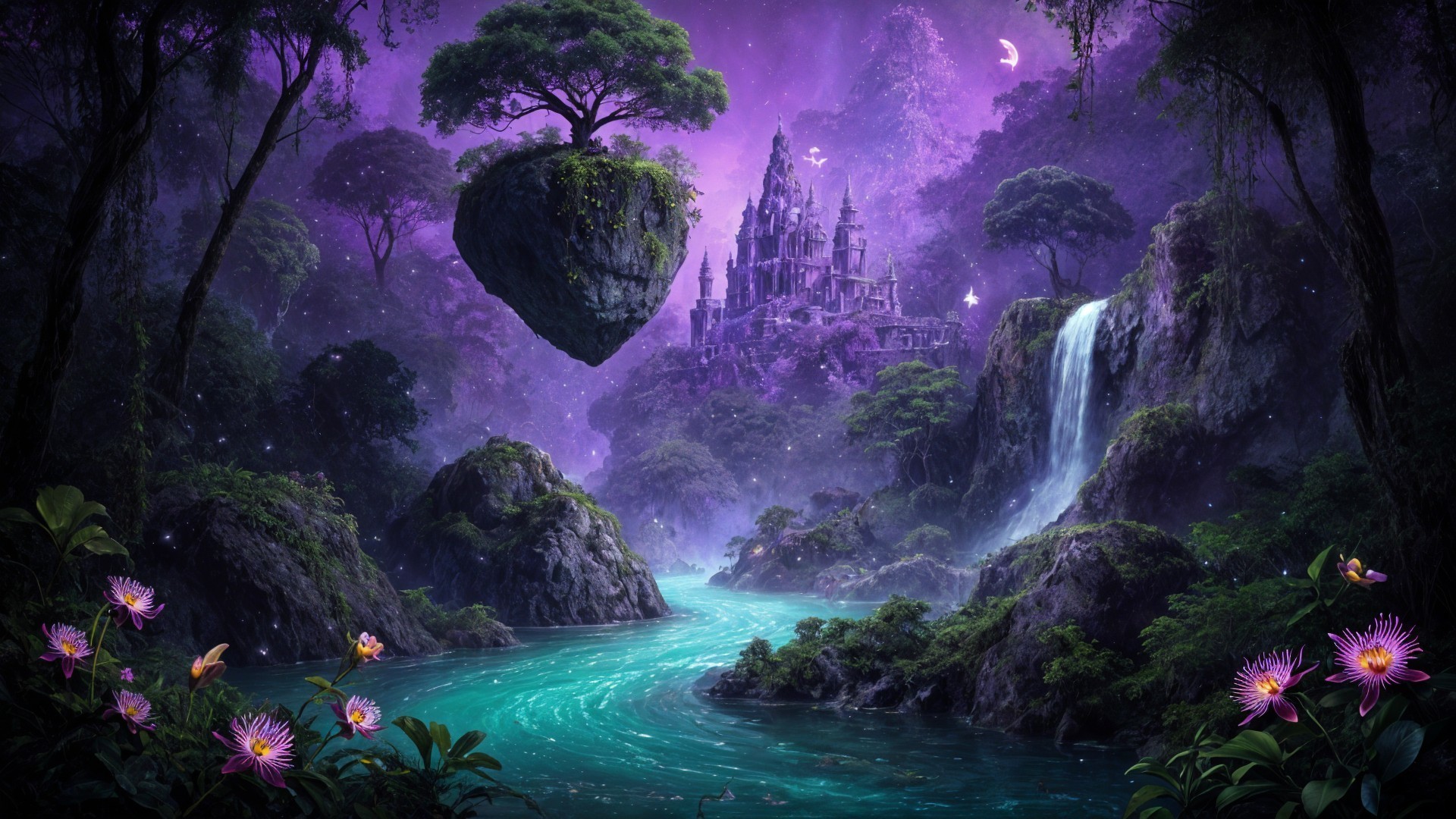 Mystical Landscape with Castle and Starry Sky