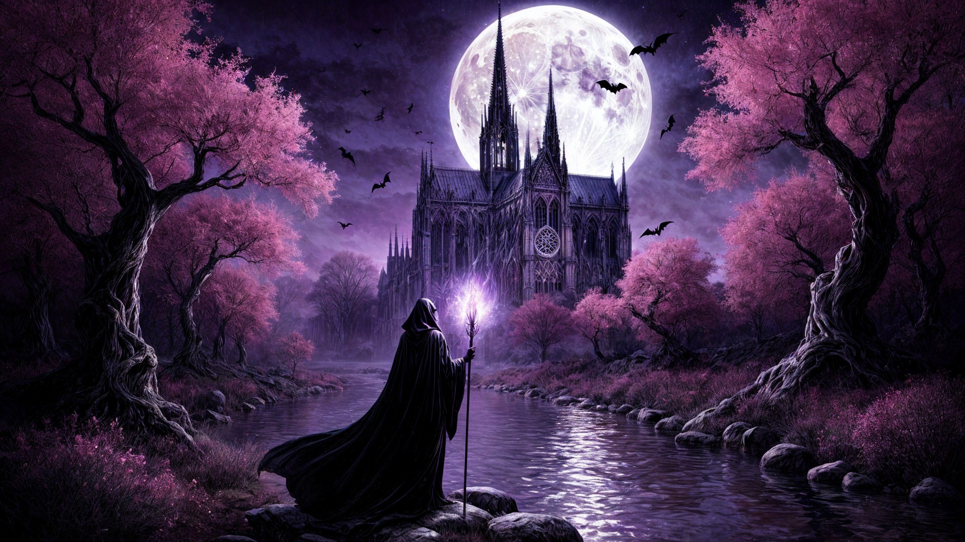 Gothic Cathedral Scene Under Full Moon with River