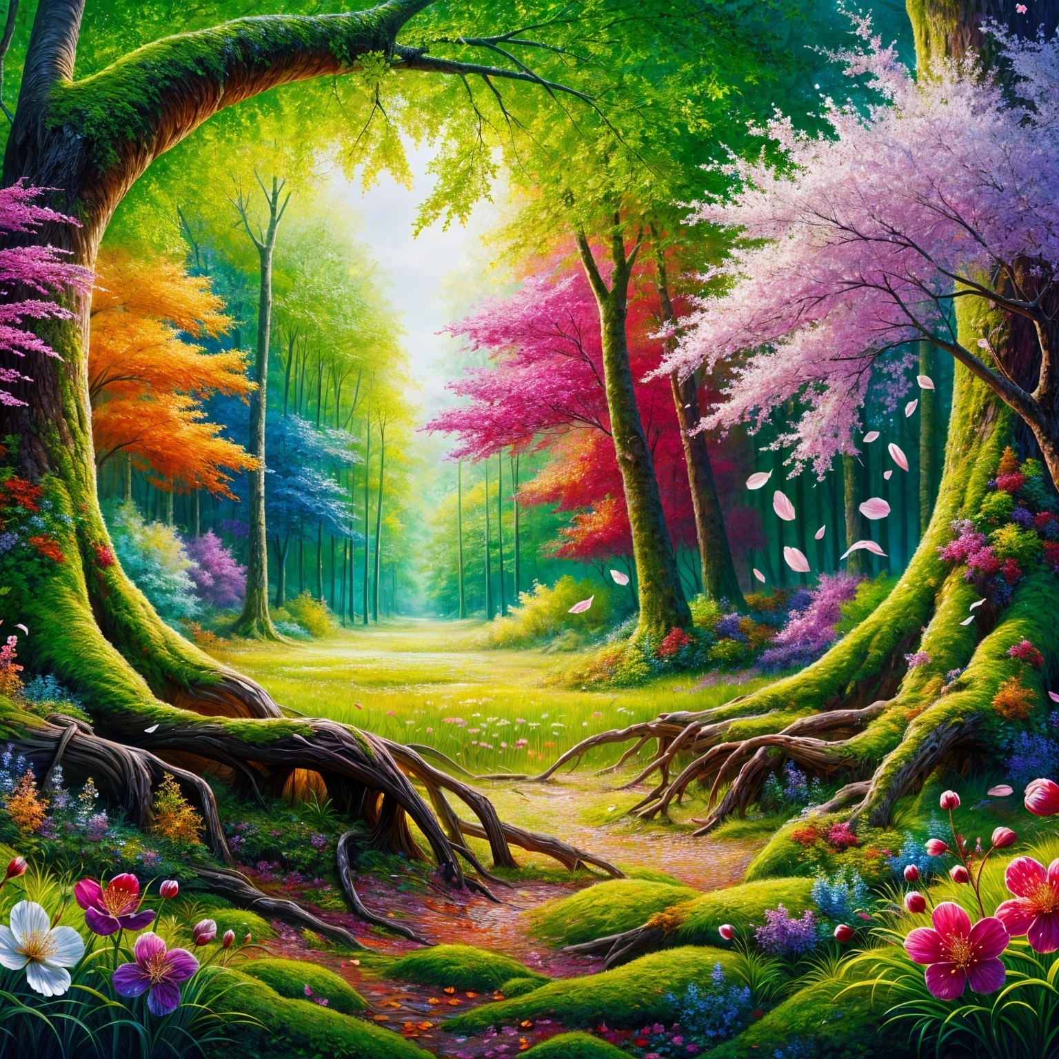 Vibrant Forest with Colorful Blooms and Sunlight