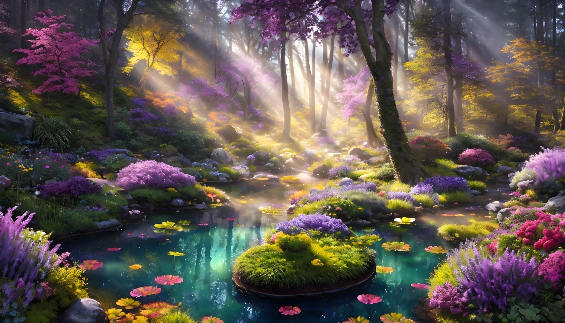 Vibrant Forest Scene with Serene Pond and Sunbeams