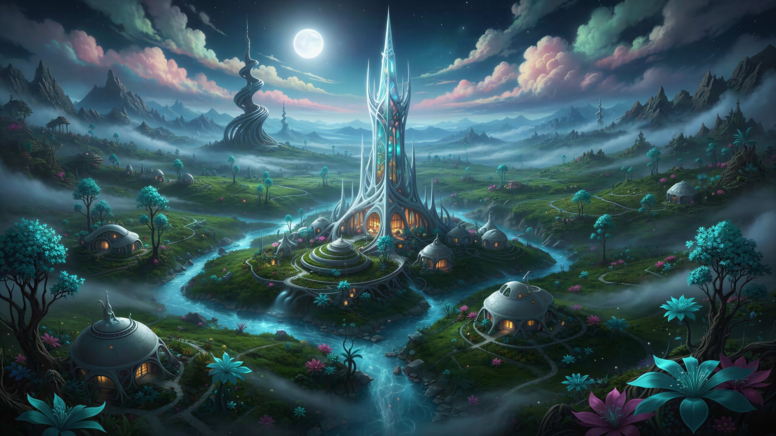 Twilight Landscape with Crystal Tower and Glowing Nature