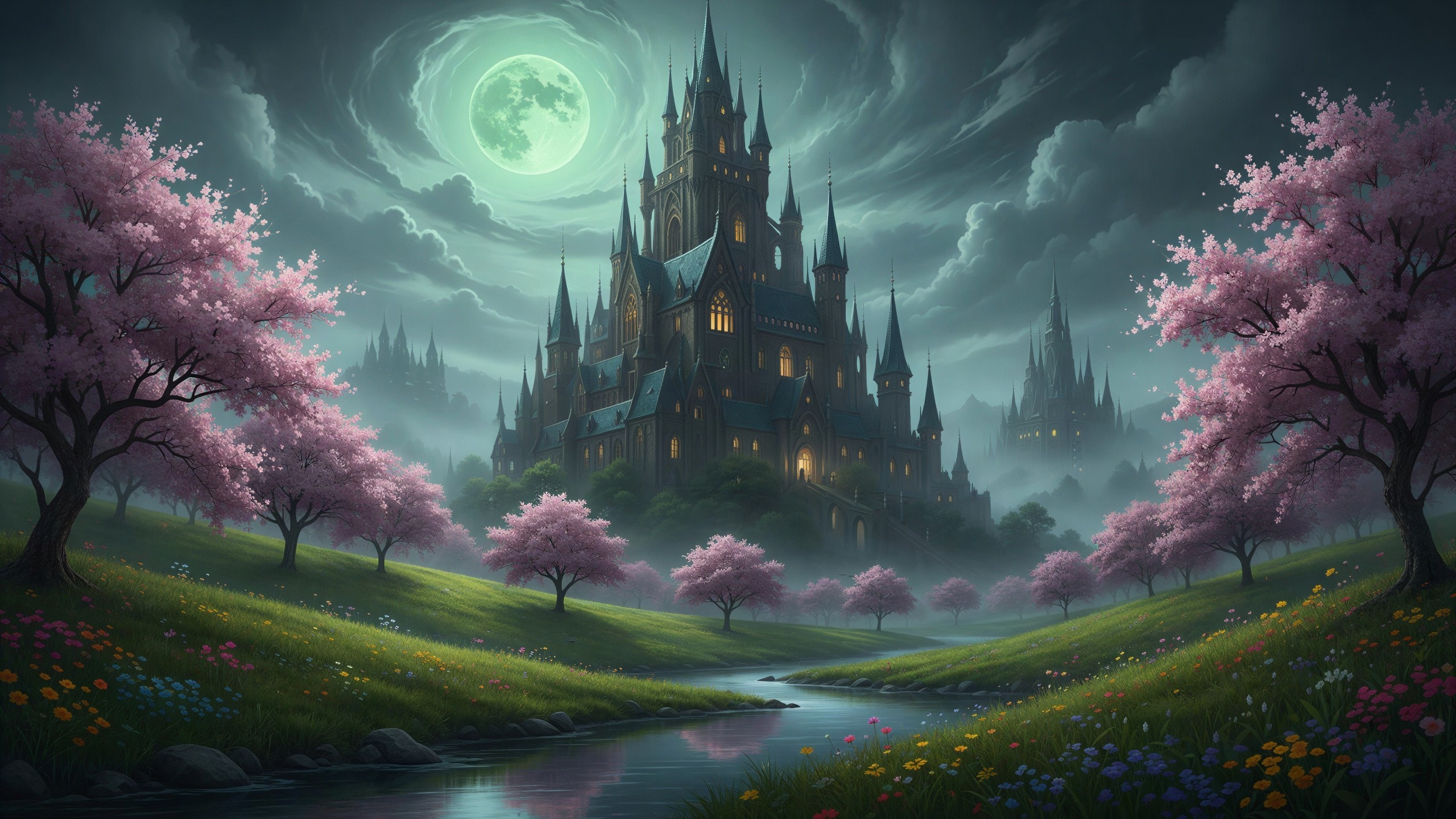 Victorian Gothic Castle in Nocturnal Landscape Scene