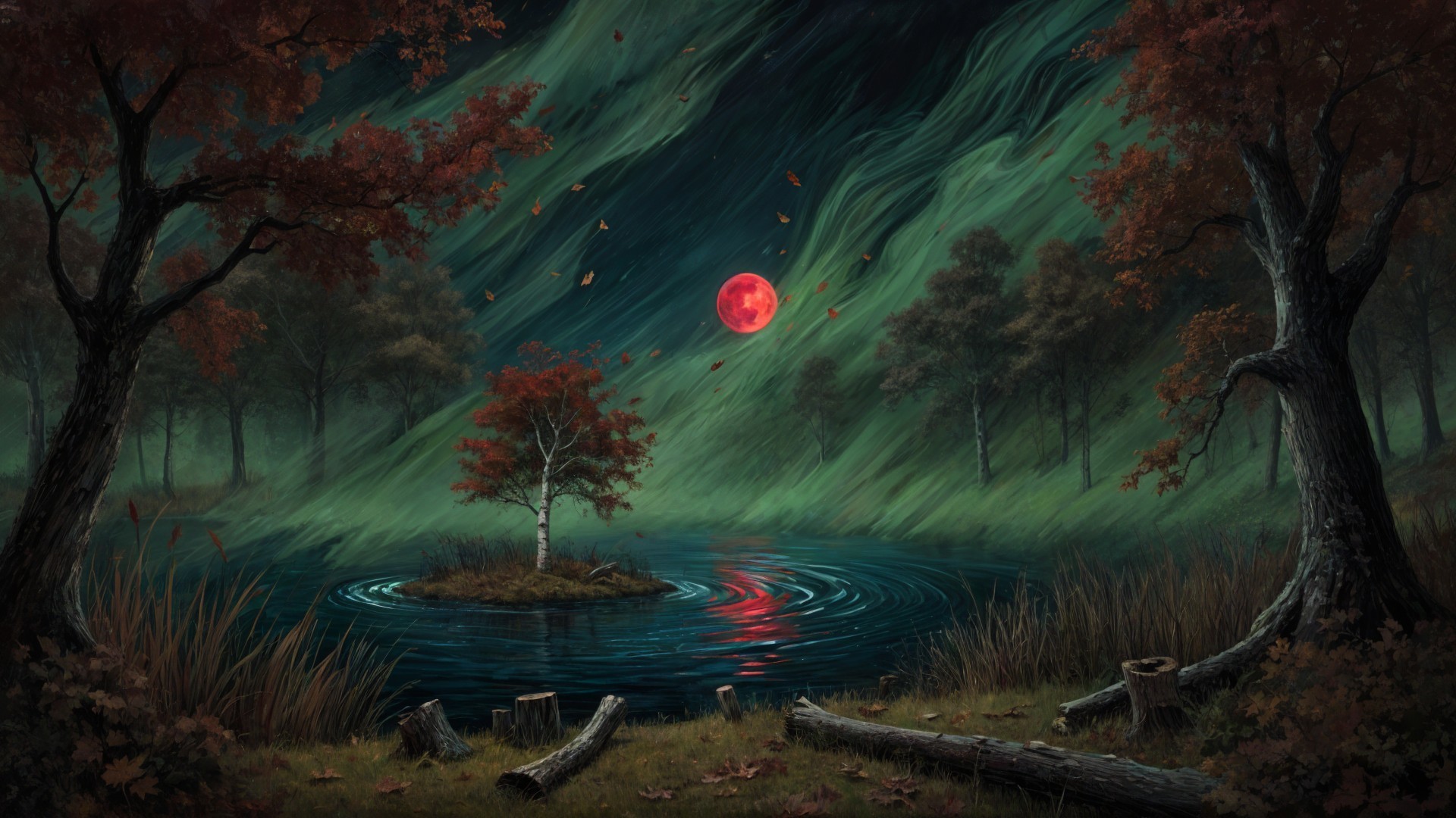Surreal Landscape with Glowing Red Moon and Lake