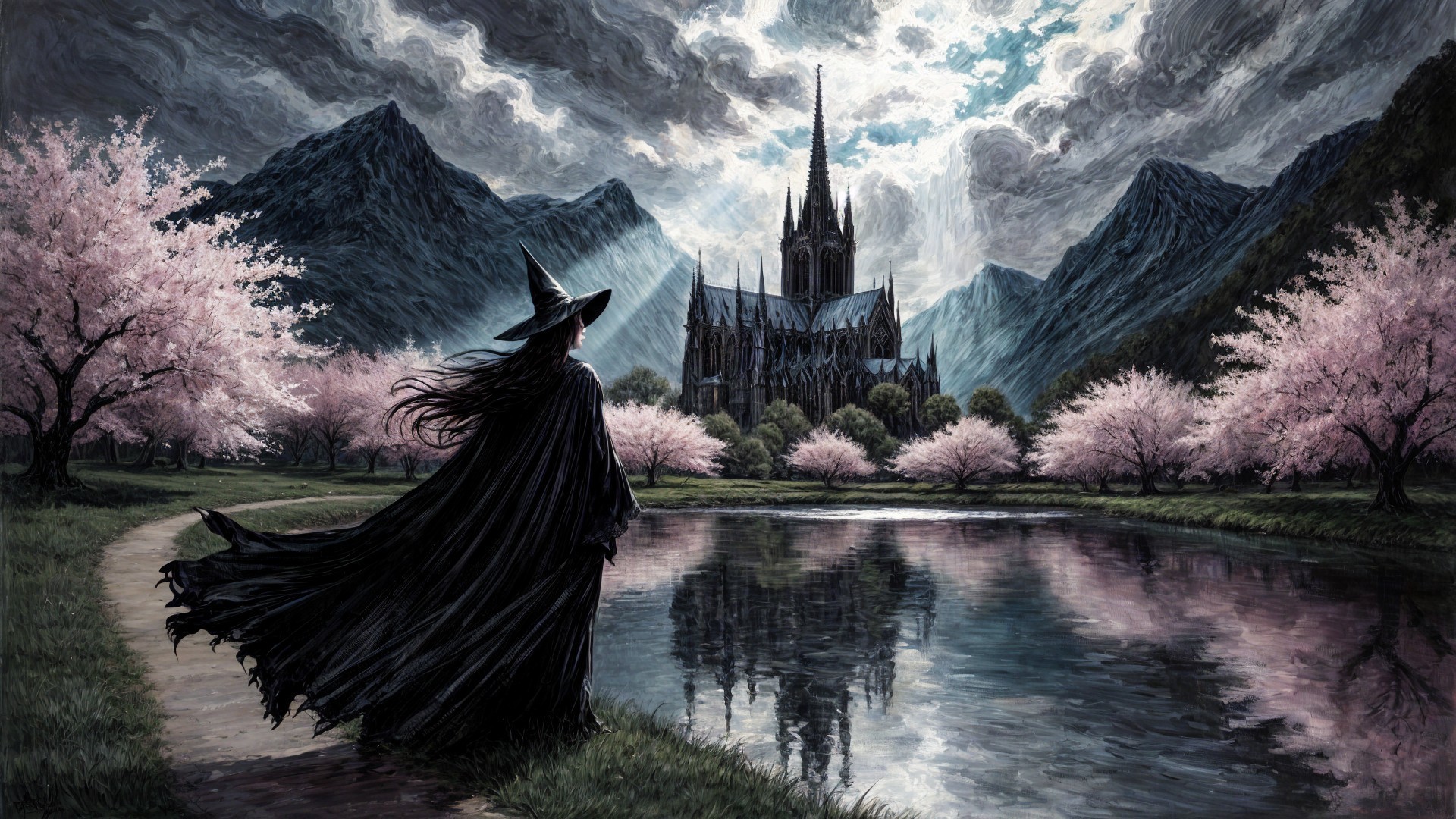 Mysterious Witch by Tranquil Lake and Gothic Cathedral