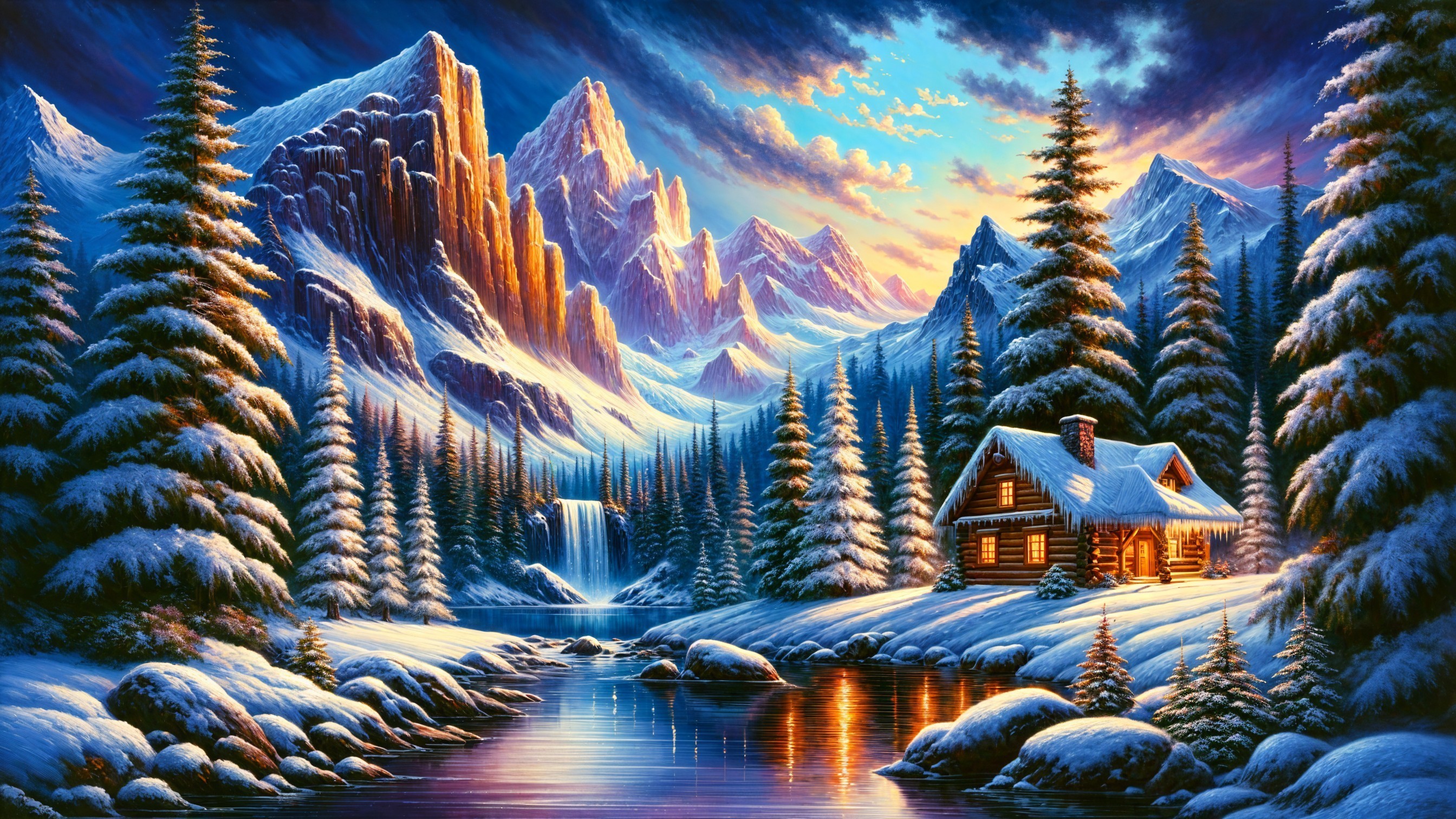 Winter Landscape with Cabin and Snowy Mountains