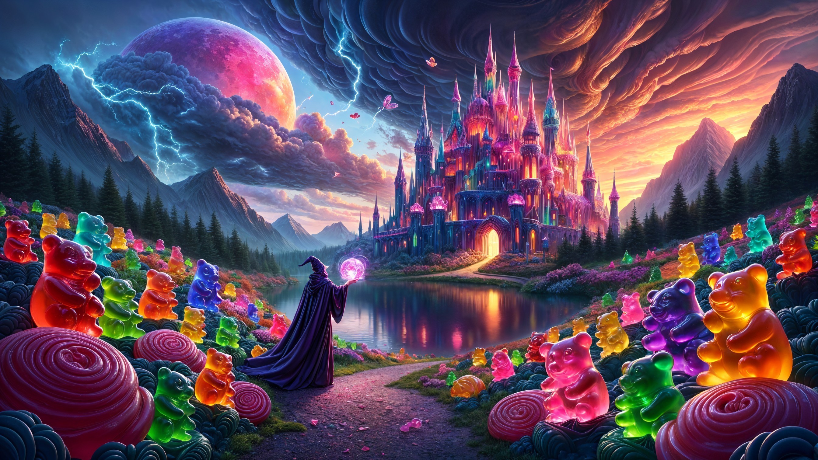 Cloaked Figure by Lake with Gummy Bears and Castle