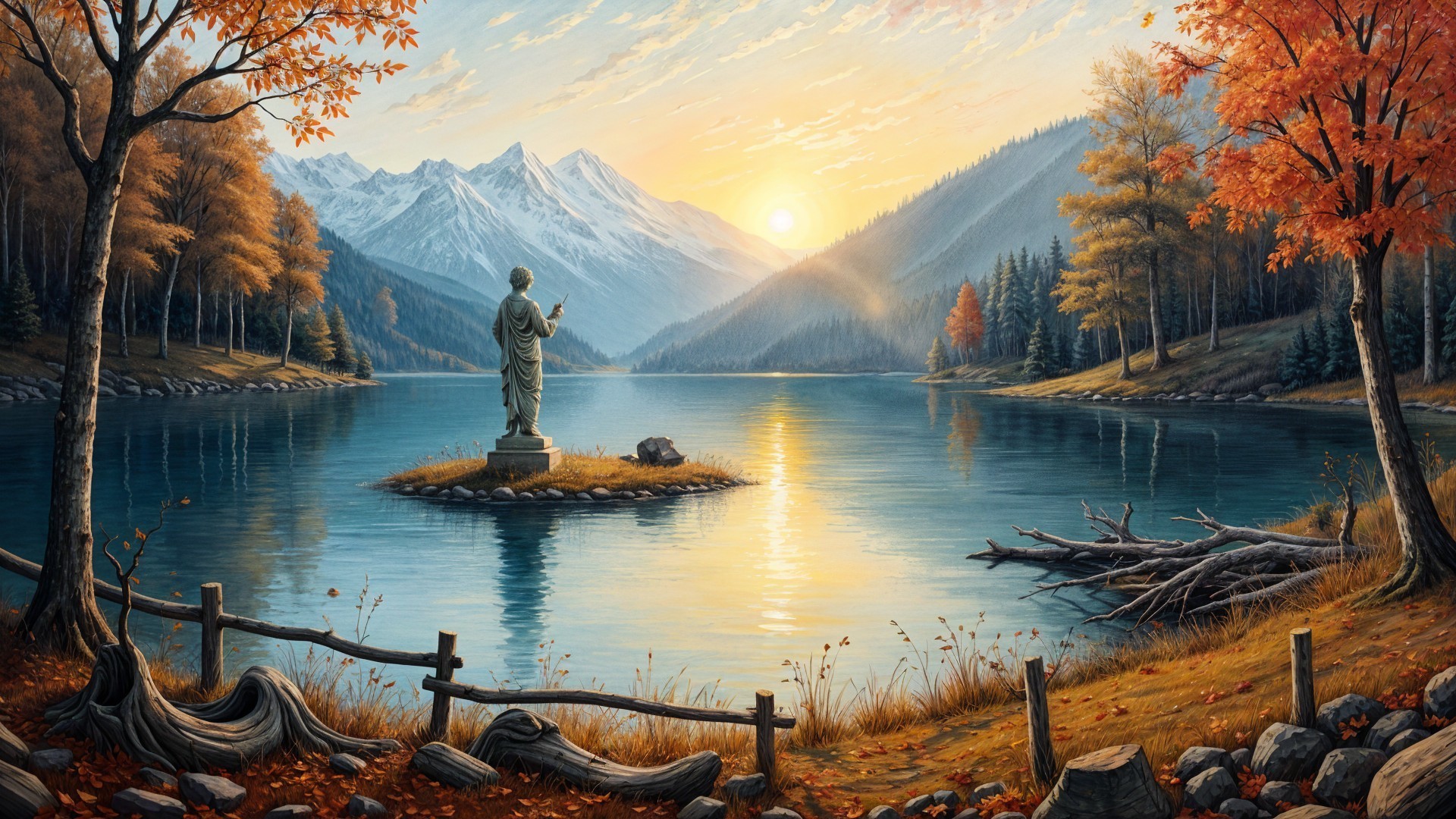 Tranquil Lake Surrounded by Majestic Mountains and Foliage