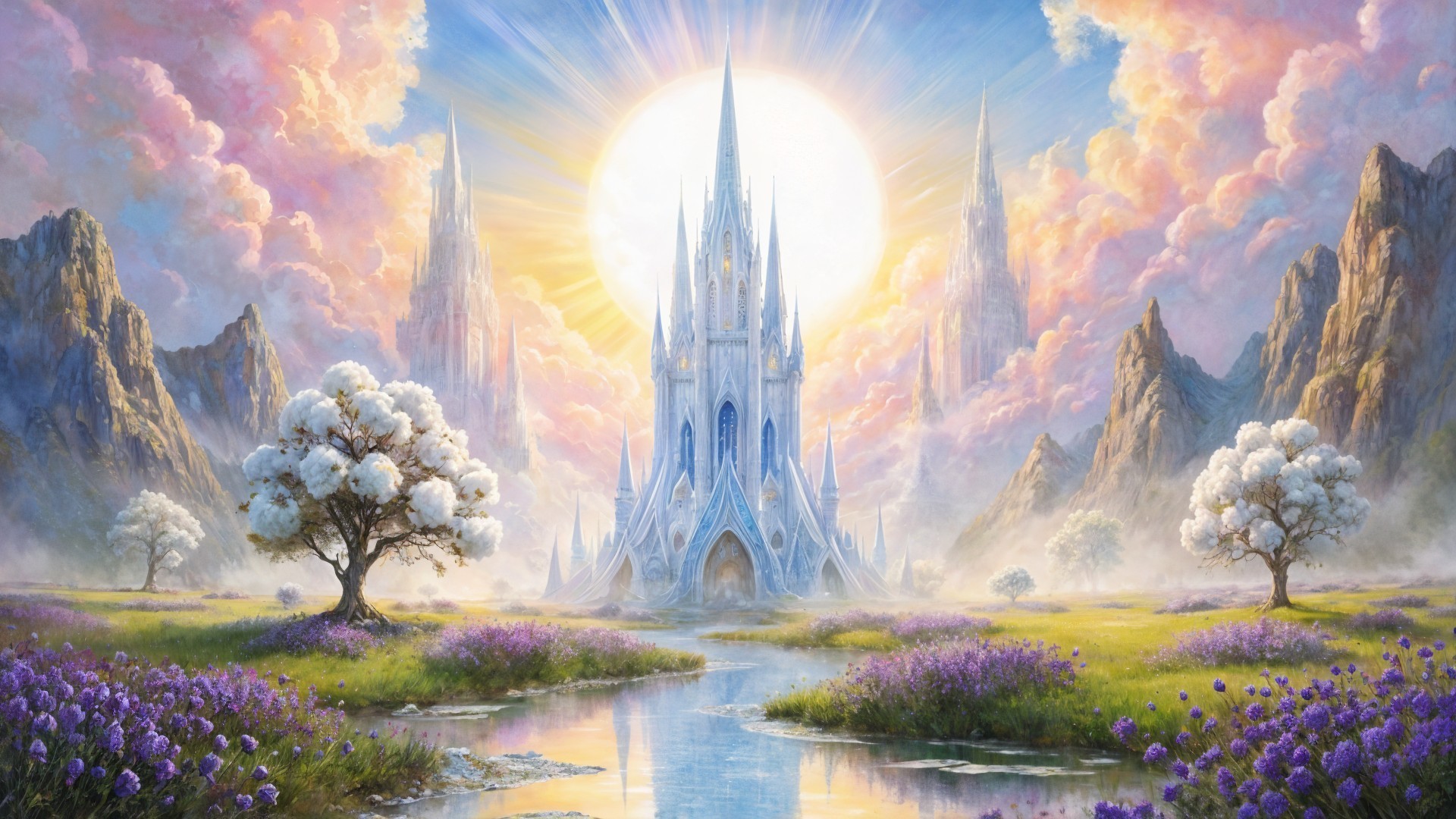 Majestic castle in a vibrant floral landscape