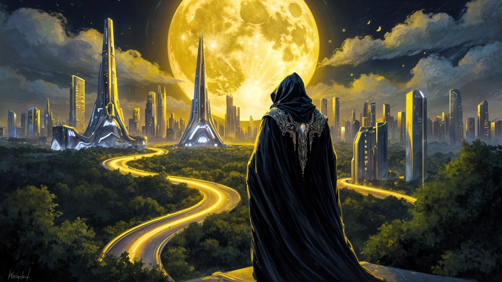 Cloaked Figure Overlooking Futuristic City at Night