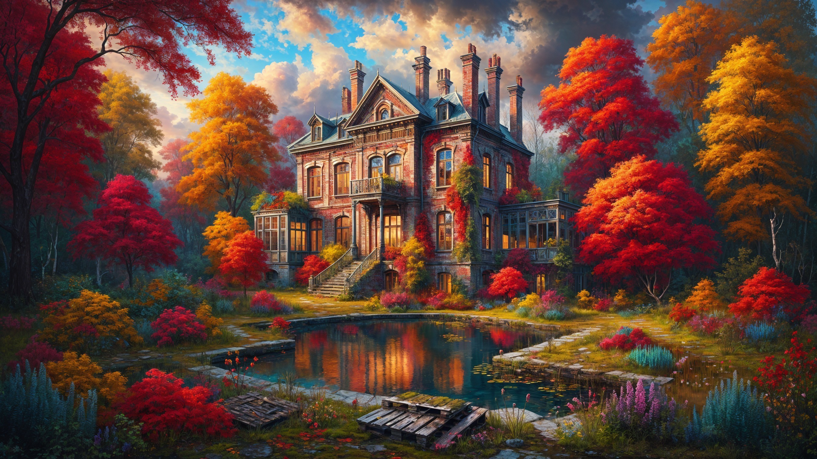 Victorian Mansion in Vibrant Autumn Landscape