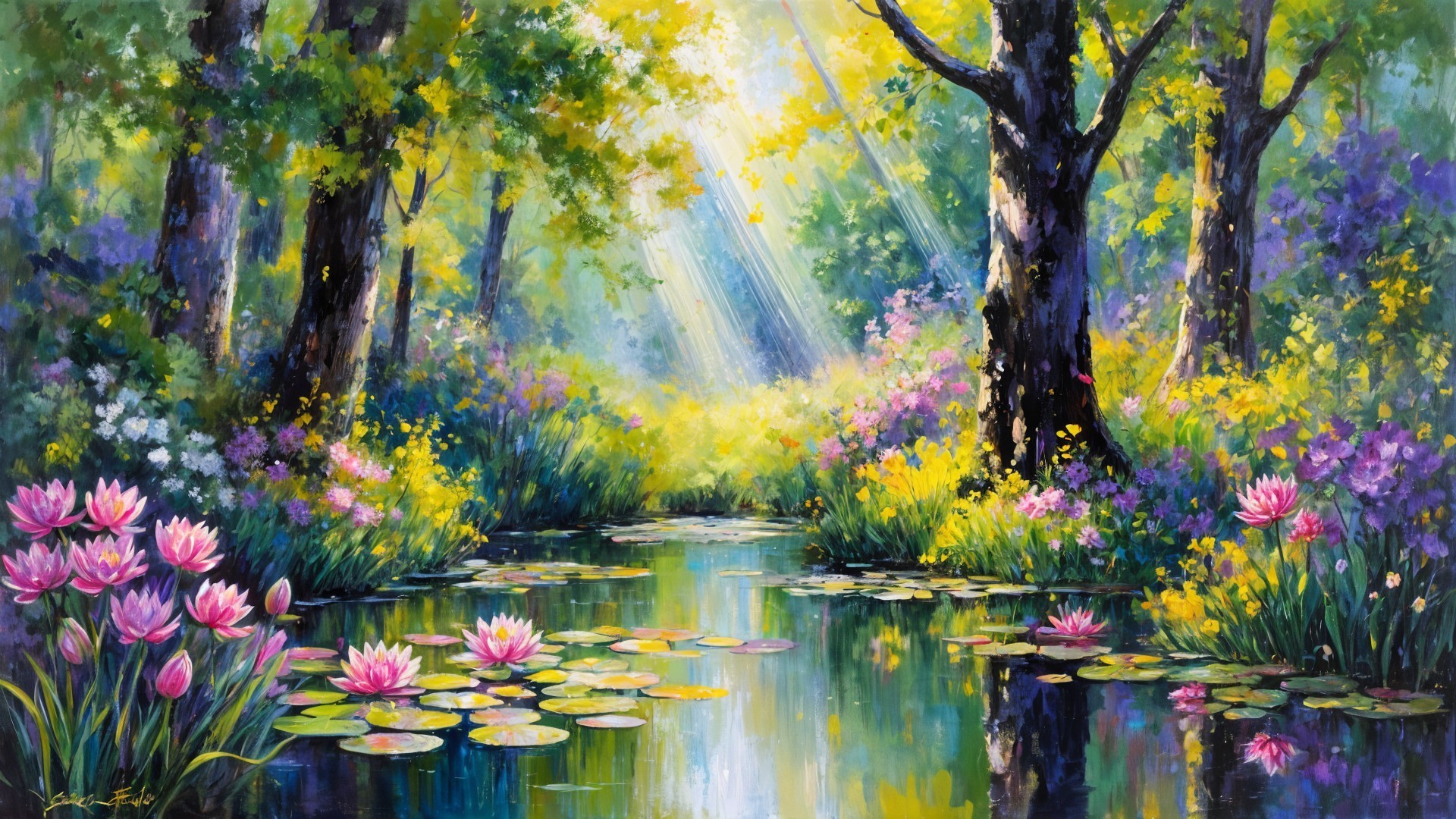 Vibrant Forest Landscape with Tranquil Pond and Wildflowers
