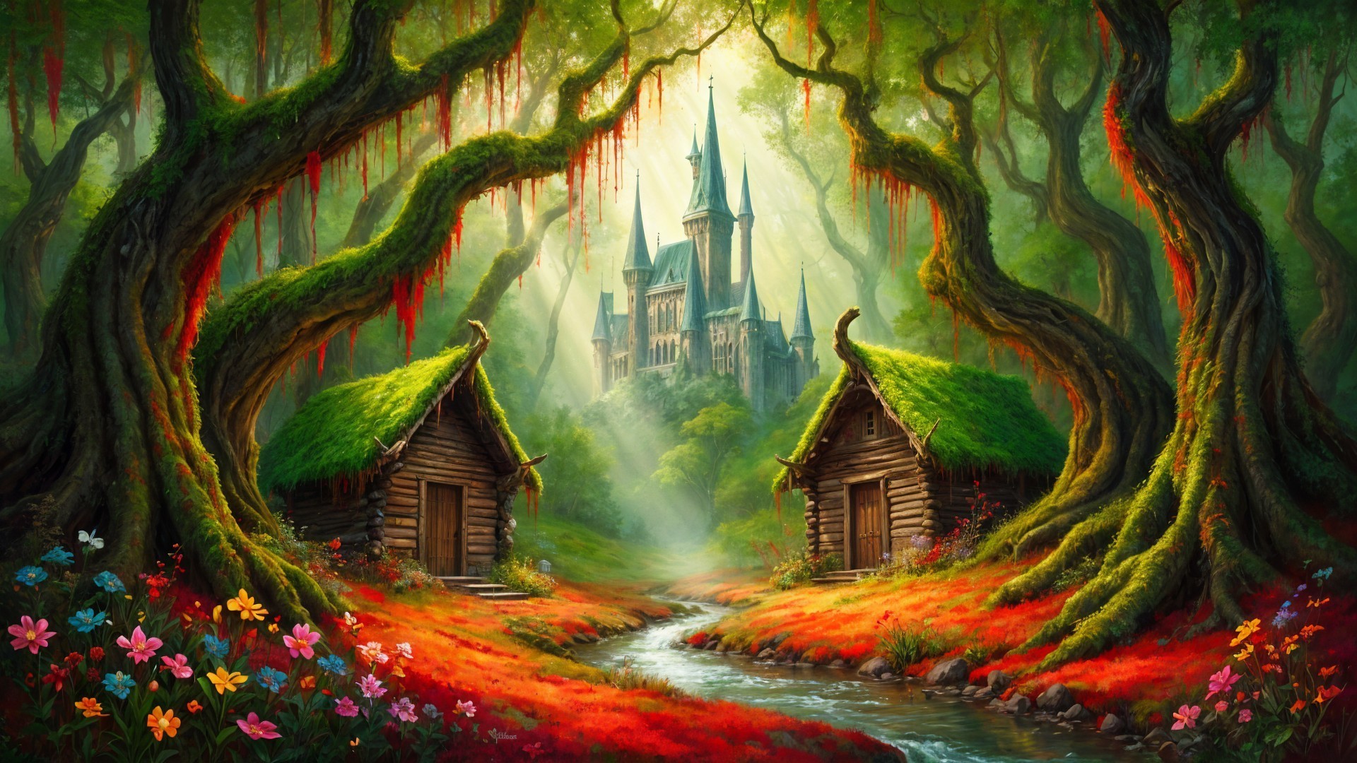 Mystical Forest with Cozy Cabins and Majestic Castle