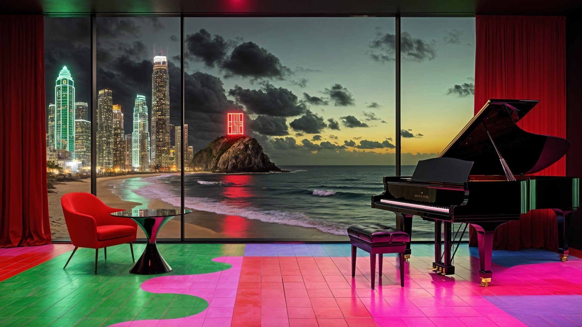 Luxury Interior with Grand Piano and City Skyline View