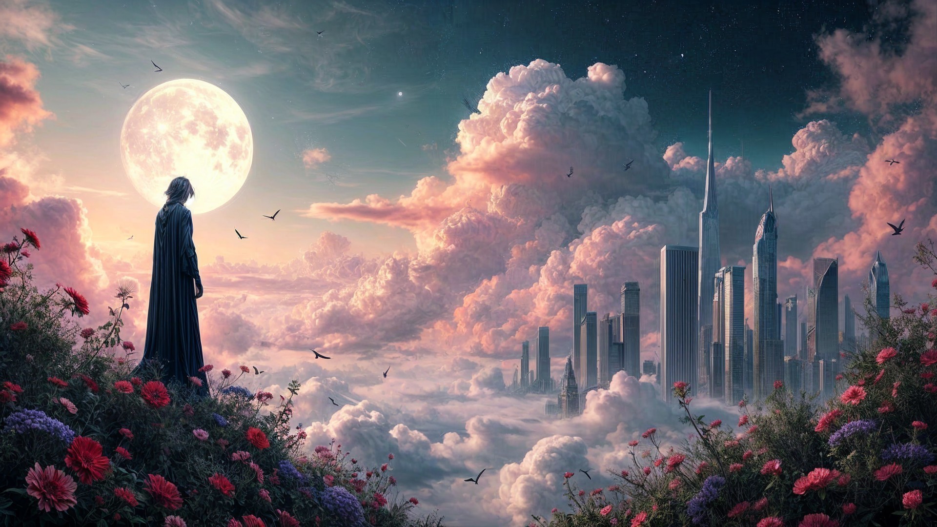 Cloaked Figure Overlooking Futuristic City and Flowers