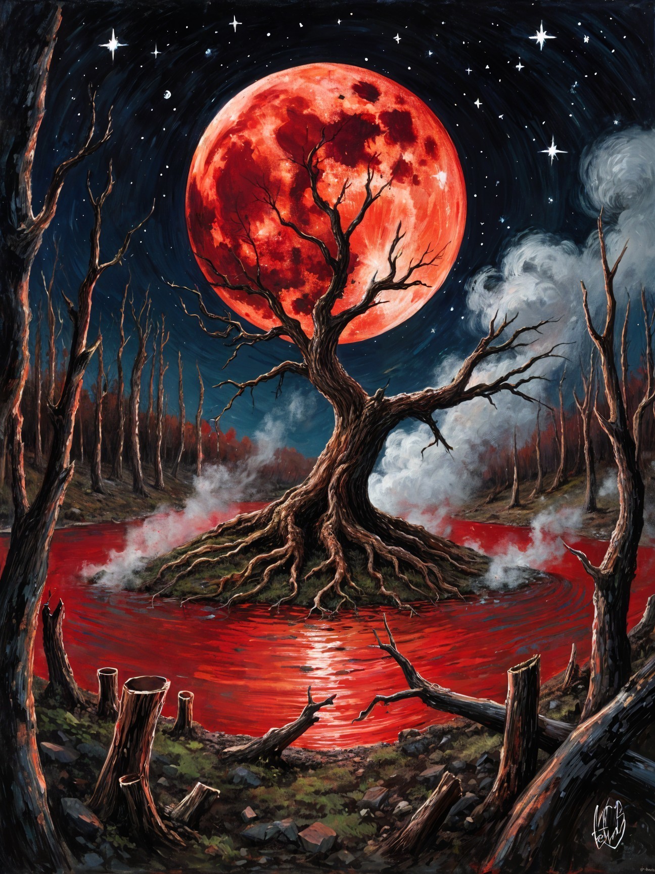 Gnarled Tree on Island by Blood-Red Lake at Night