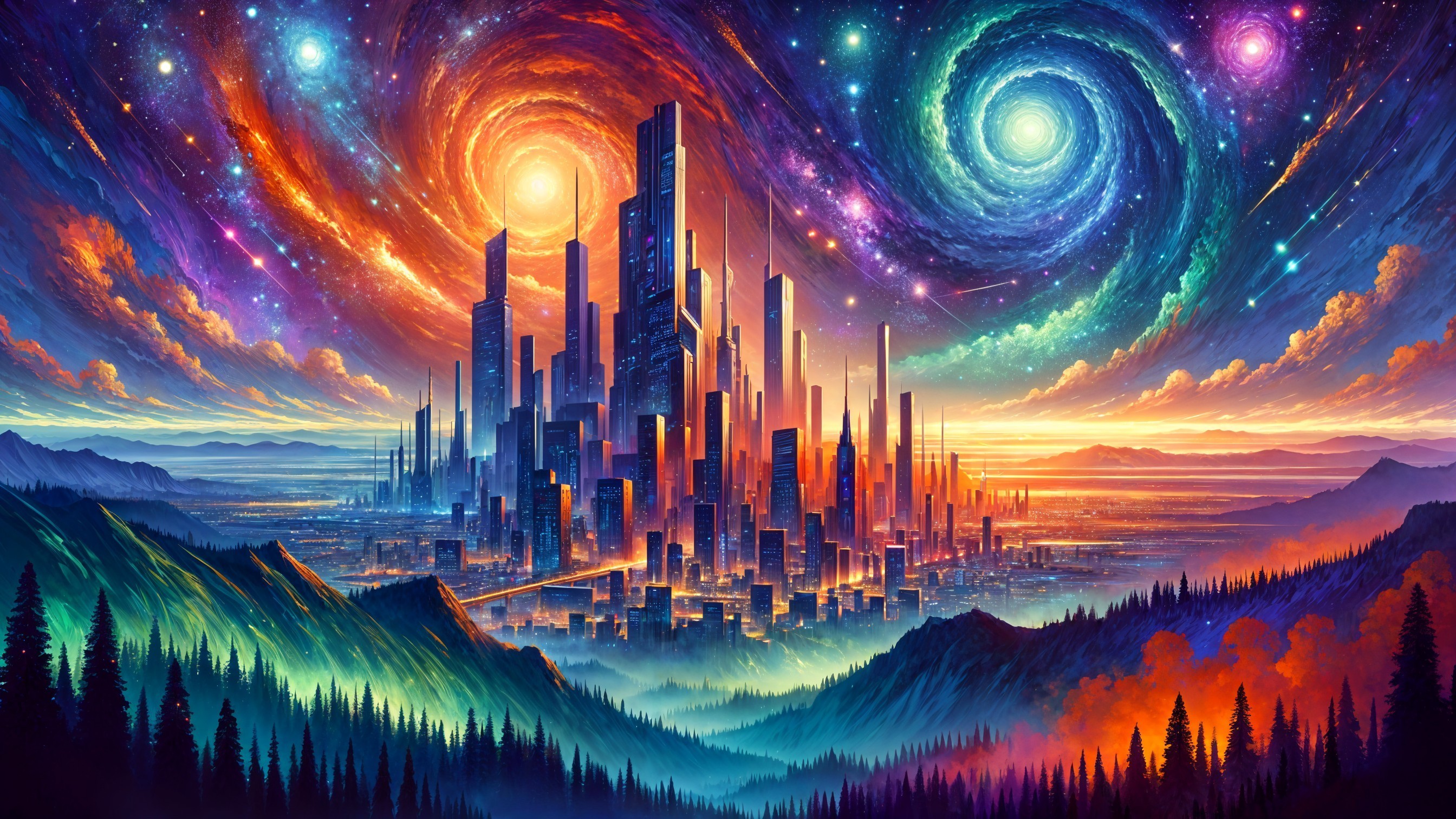 Vibrant Cityscape Amidst Lush Landscape and Cosmos