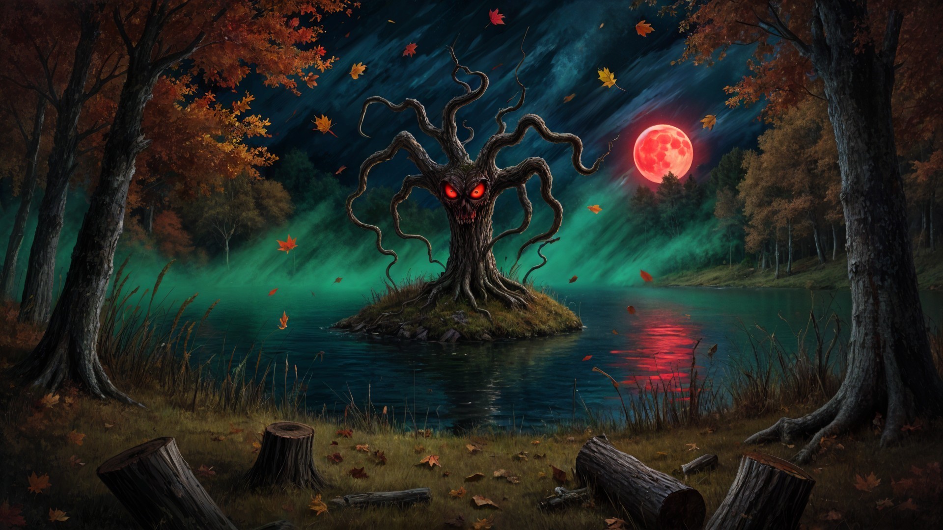 Gnarled Tree and Still Lake in Haunting Landscape