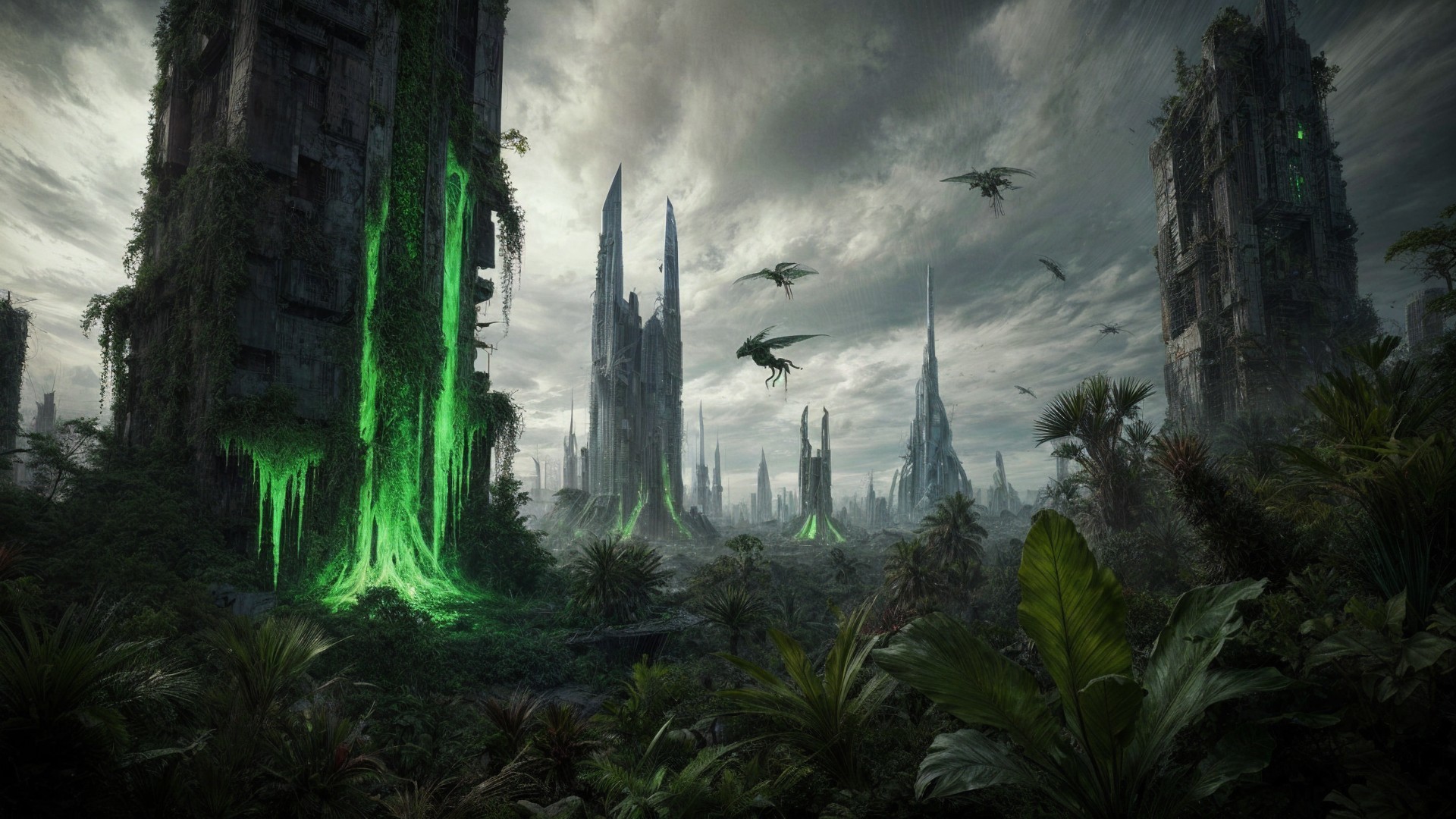 Ancient Ruins Surrounded by Lush Overgrown Landscape