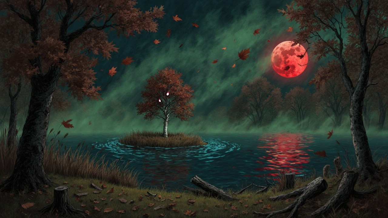 Twilight Landscape with Tree and Red Moon Over Lake