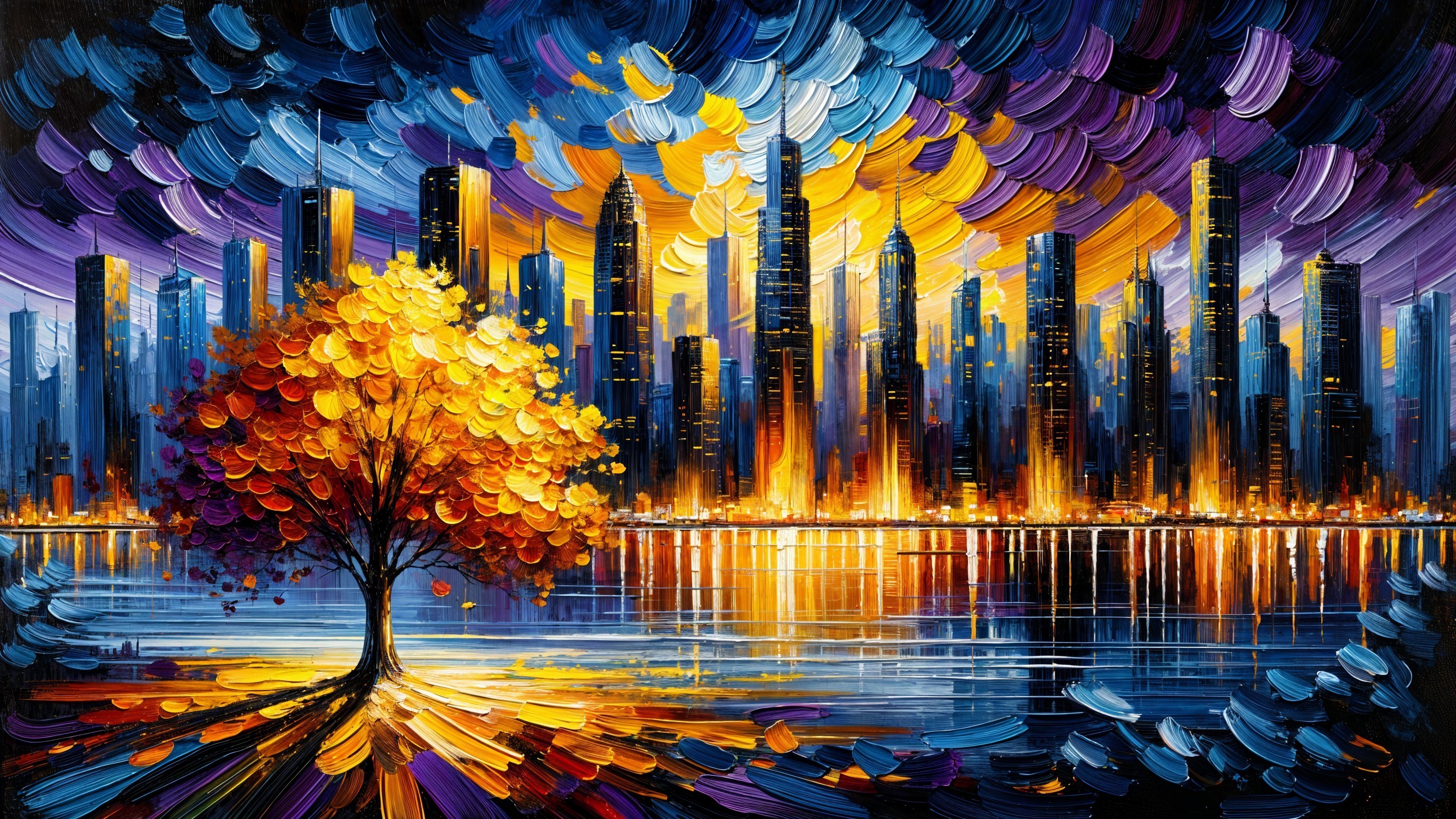 Vibrant Cityscape at Dusk with Colorful Sky and Tree