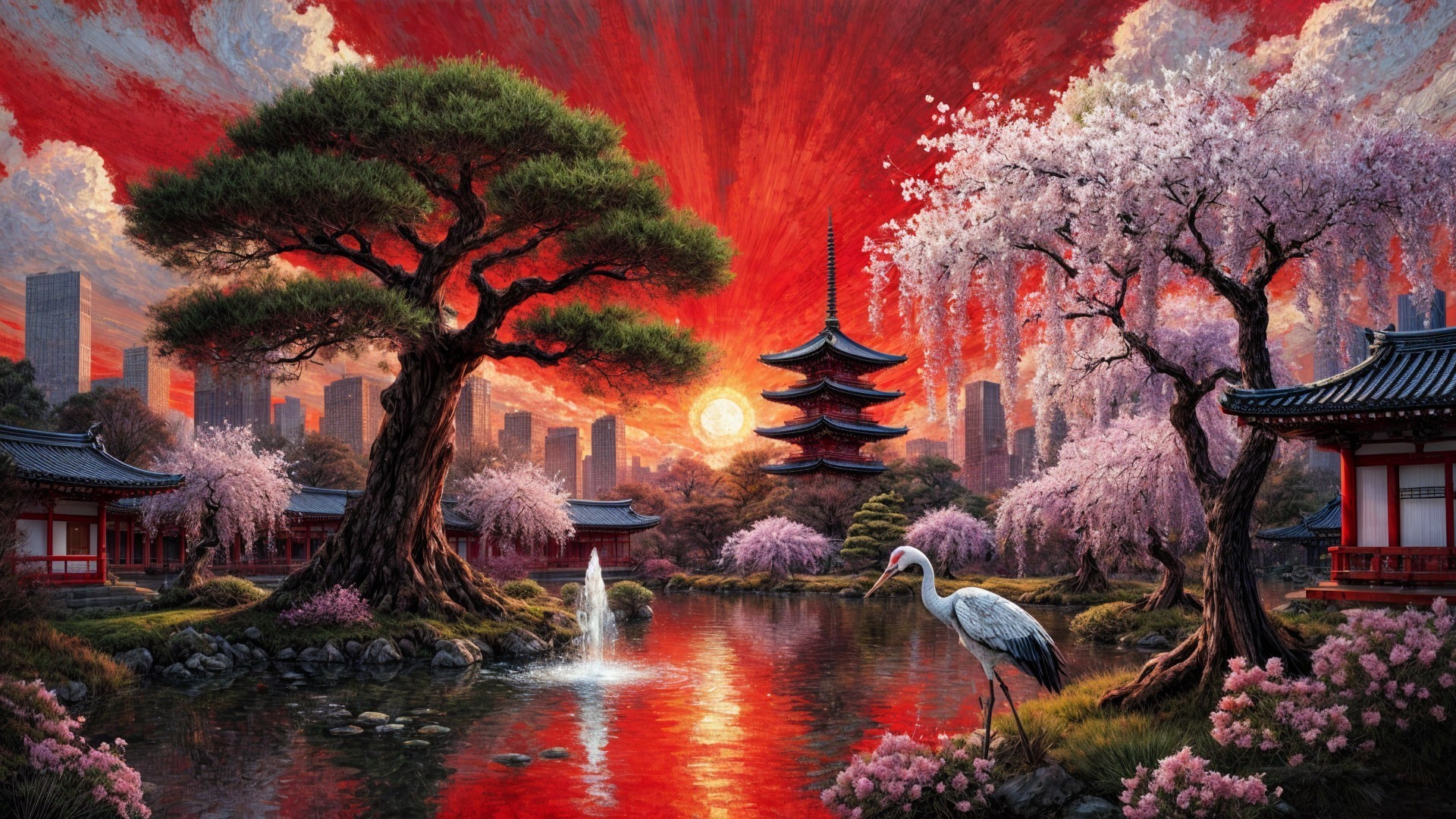 Serene Landscape of Cherry Blossoms and Pagoda at Sunset