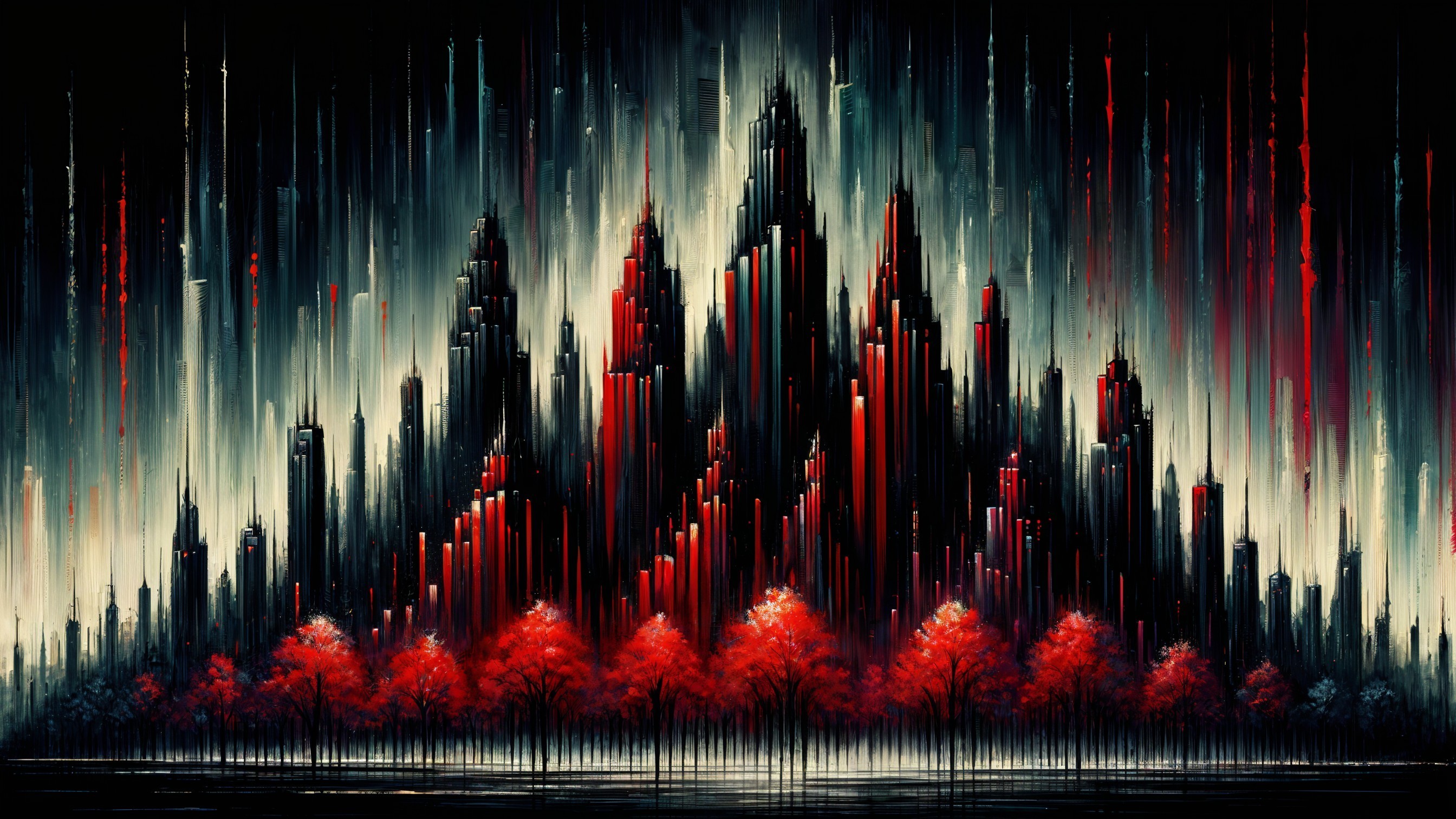 Abstract Landscape with Skyscrapers and Red Trees