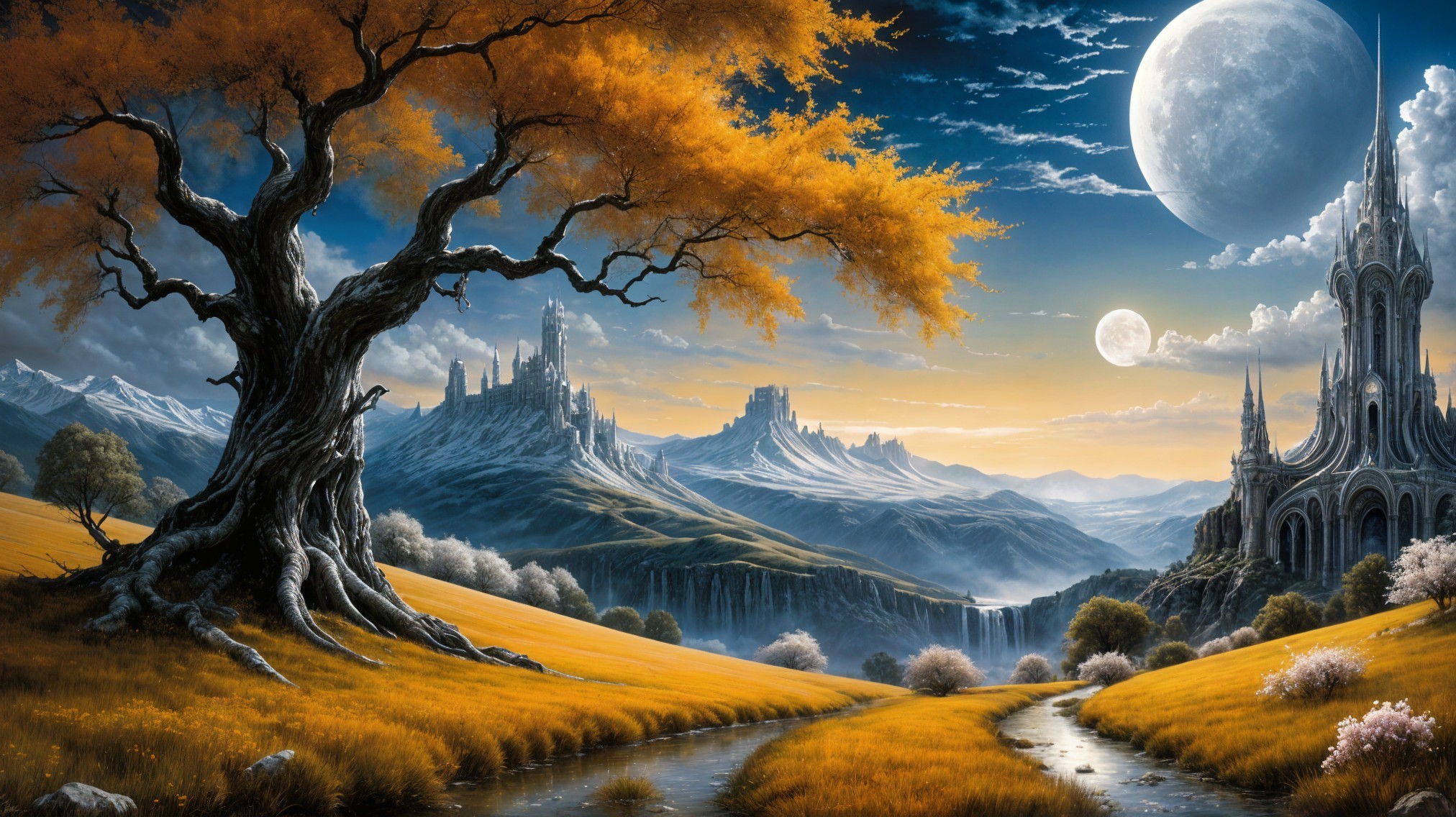 Fantasy Landscape with Mountains, Castles, and Moons