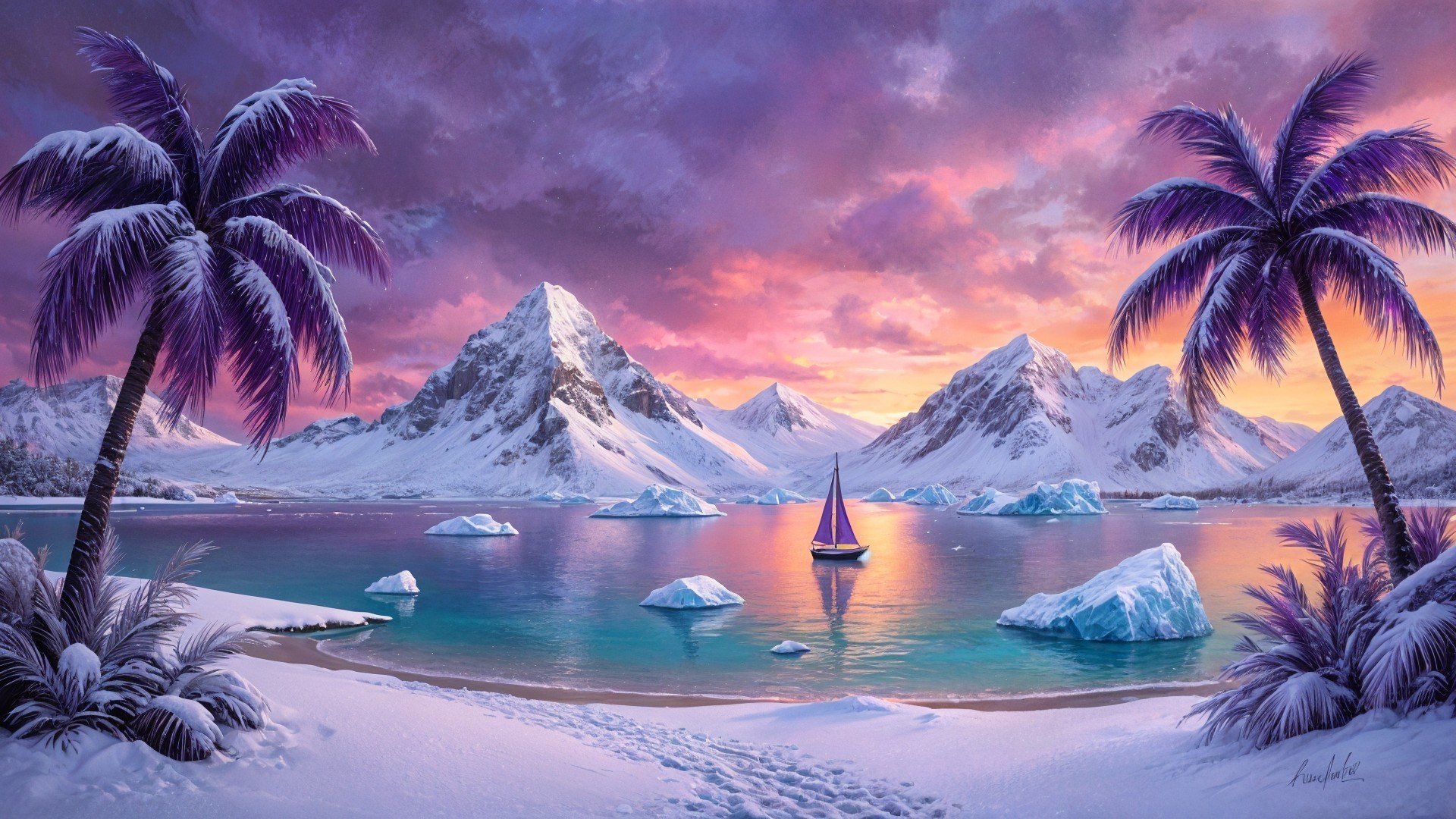 Tranquil Icy Landscape with Mountains and Sailboat
