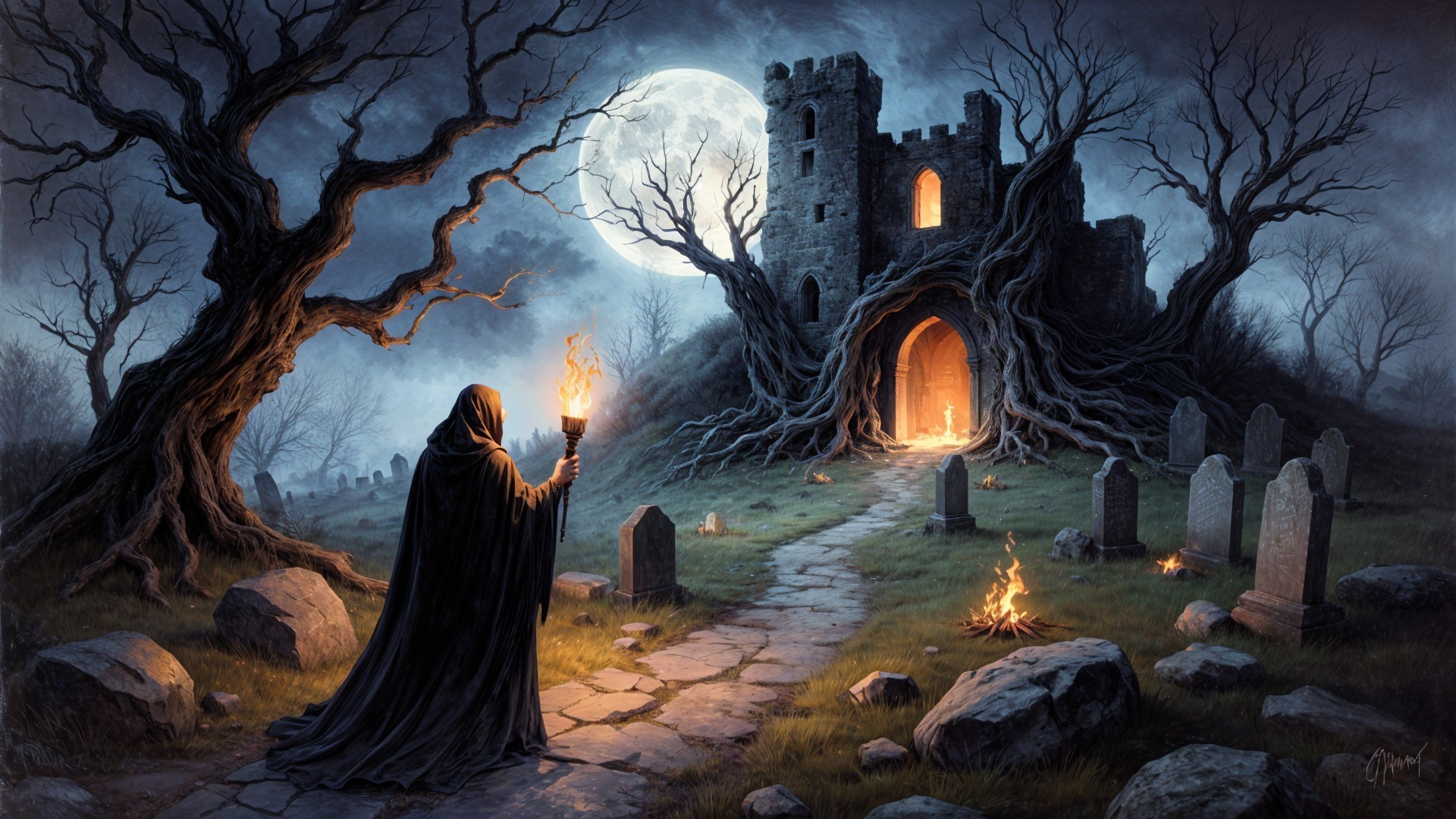Mysterious Graveyard with Cloaked Figure and Castle Ruin