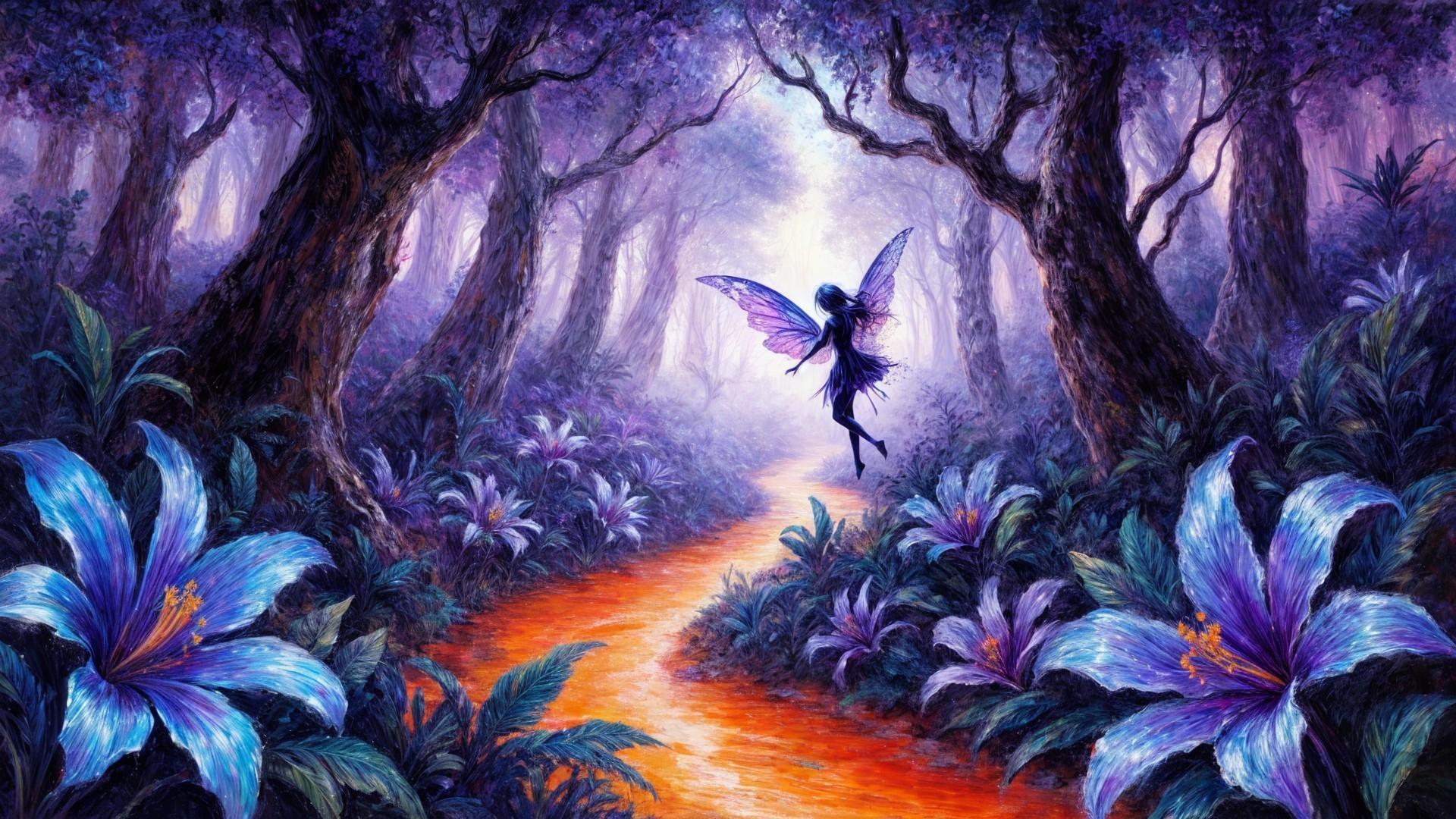 Fairy Dancing in a Mystical Purple-Hued Forest